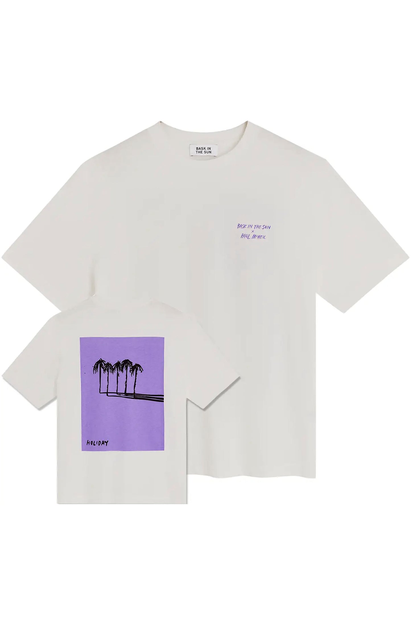 BASK IN THE SUN Holiday Tee Purple – Relaxed fit organic cotton tee with Paul McNeil artwork print, front and back view