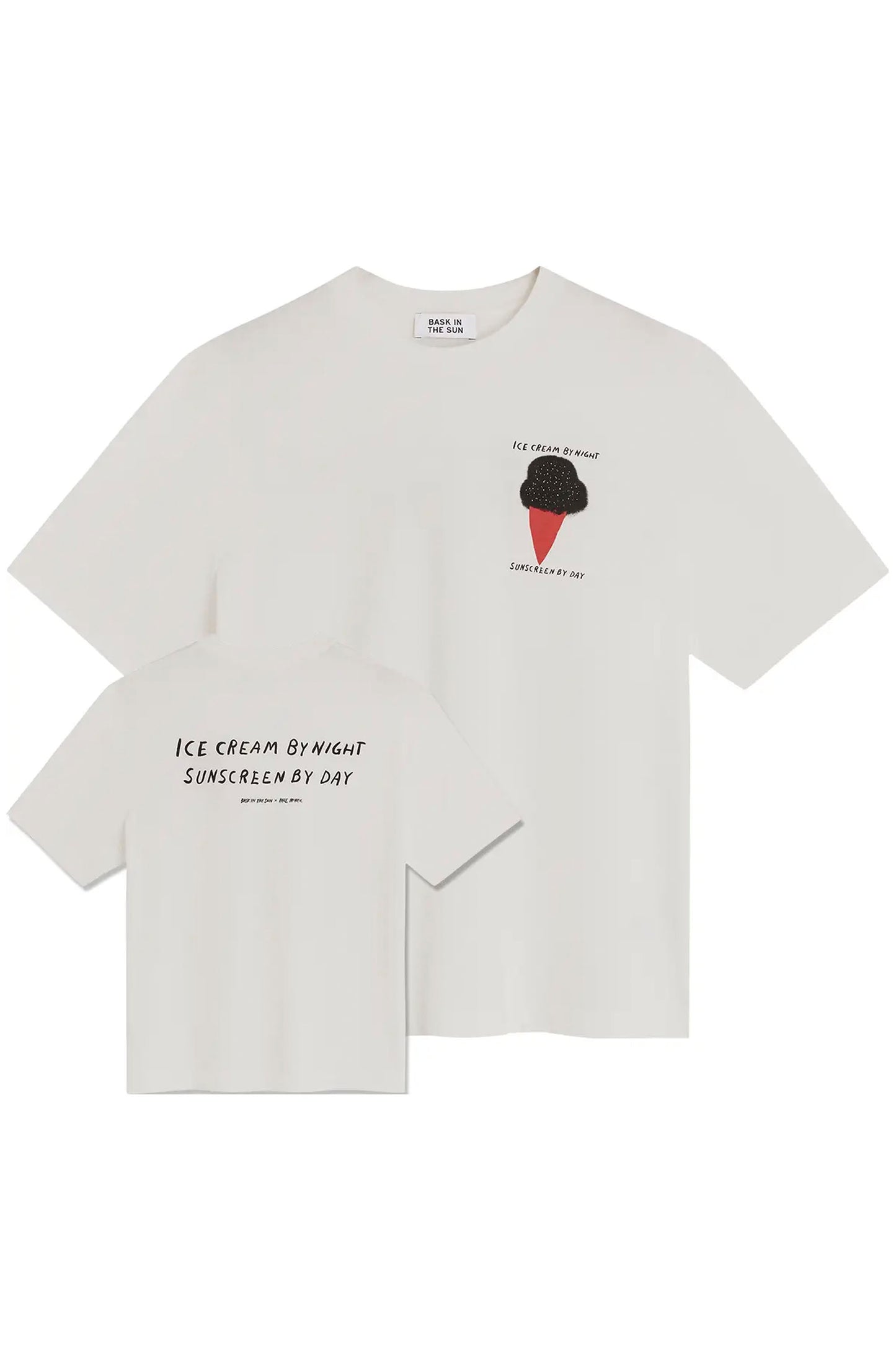 BASK IN THE SUN Icecream Tee Natural – Relaxed fit organic cotton tee with Paul McNeil ice cream artwork print, front and back view
