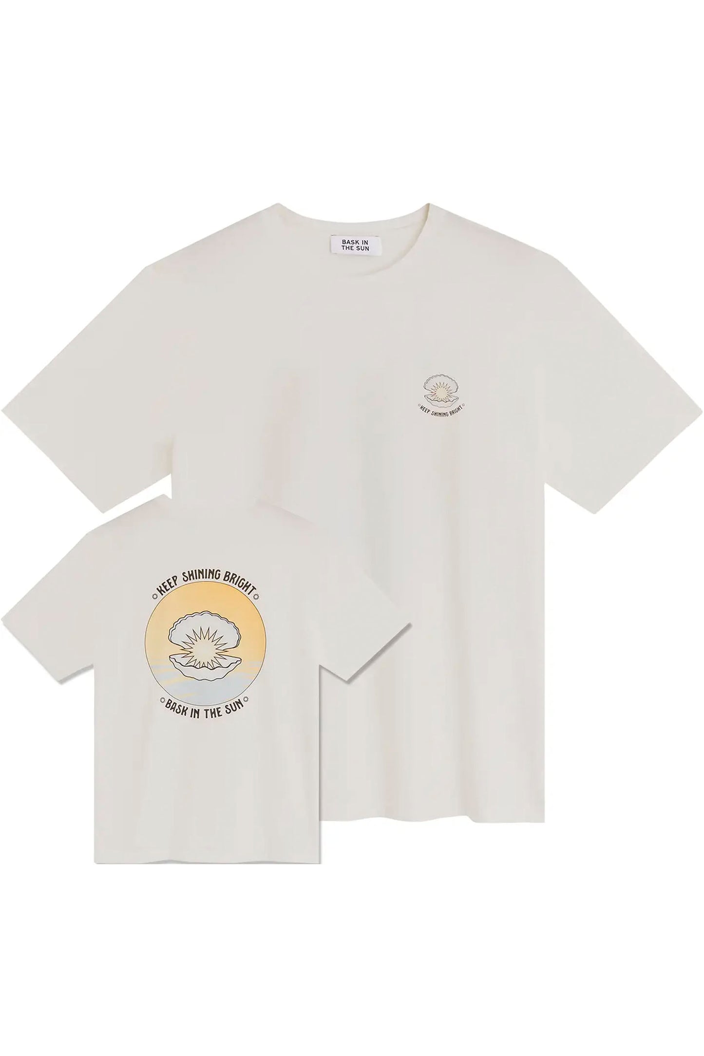 BASK IN THE SUN Shell Tee Natural – Relaxed fit organic cotton tee with Tigre Indigo shell artwork print, front and back view