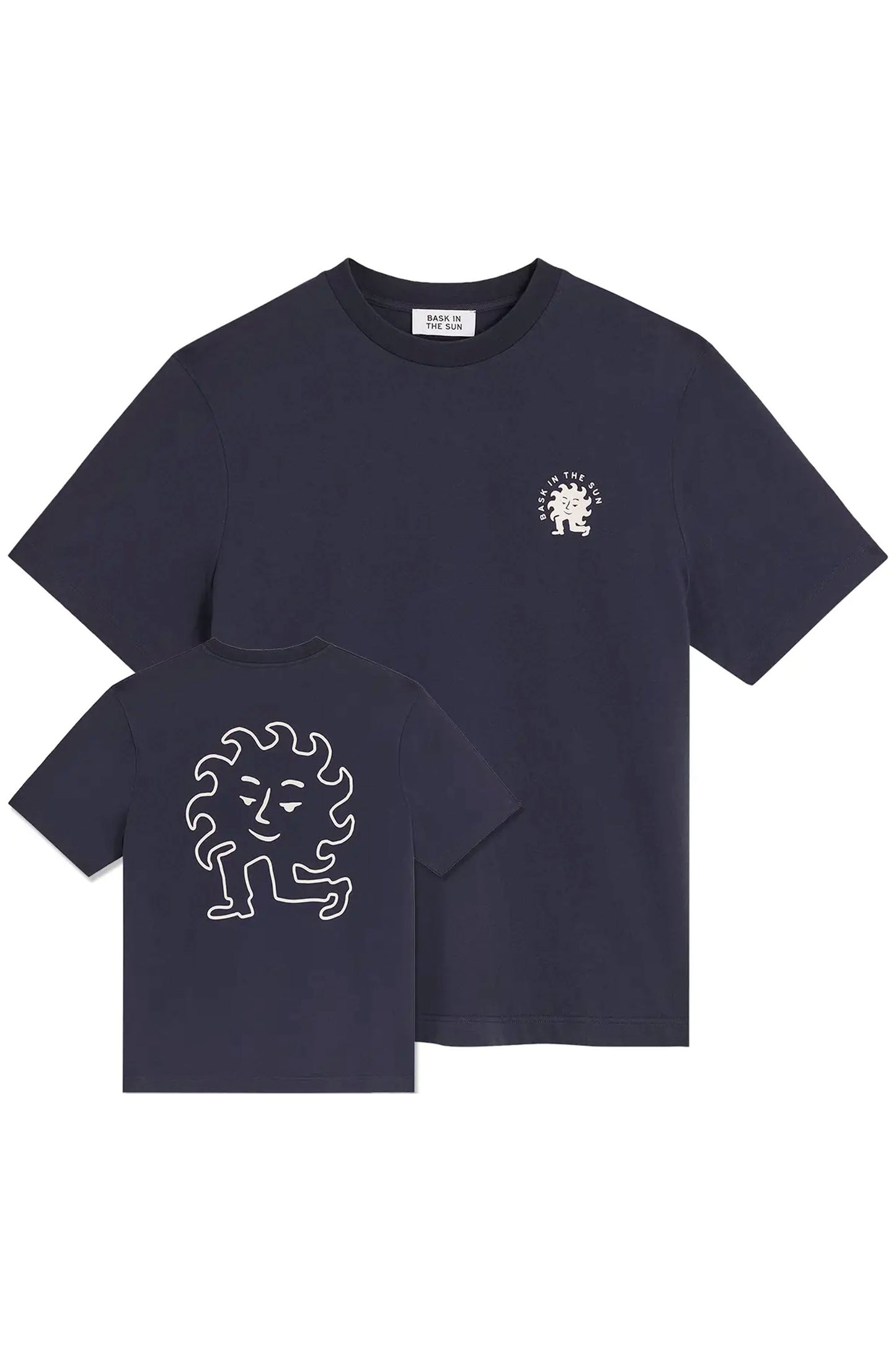 BASK IN THE SUN Sun Tee Midnight – Relaxed fit organic cotton tee with Max Blackmore sun artwork print, front and back view

