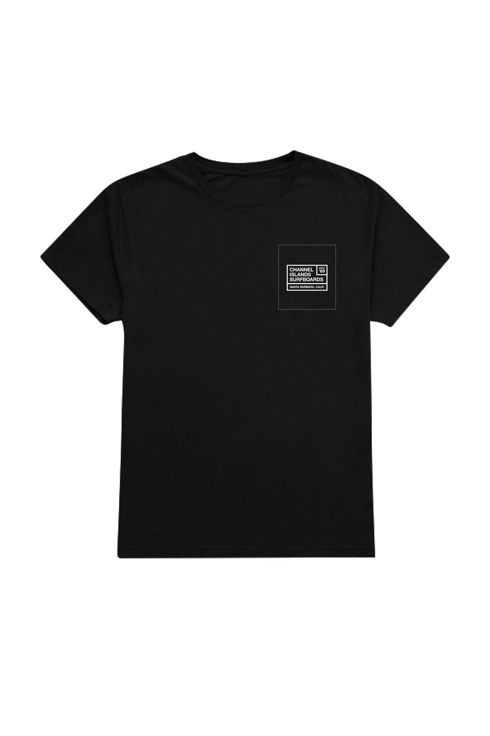 Black t-shirt with a small logo on the chest against a white background