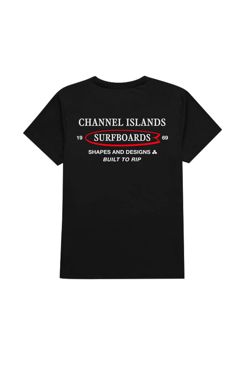Black t-shirt with Channel Islands Surfboards logo on a white background