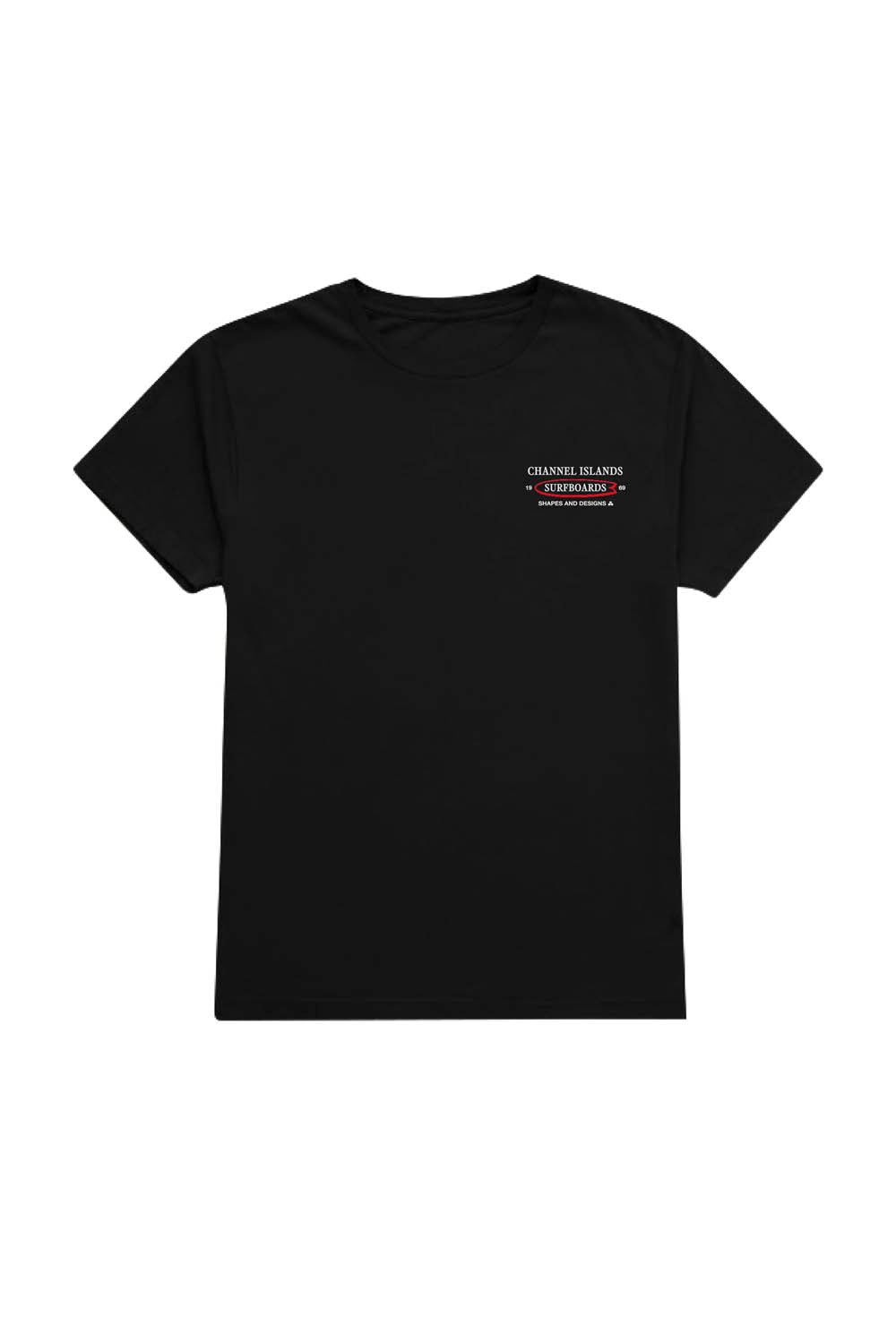 Black t-shirt with a small logo on the chest against a white background