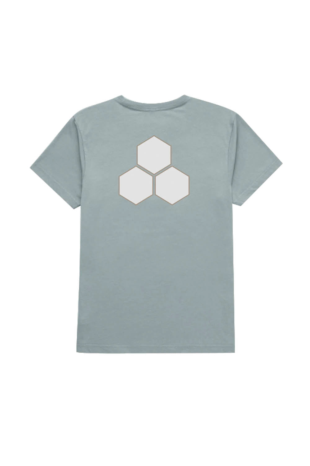 Gray t-shirt with a white geometric design on a white background