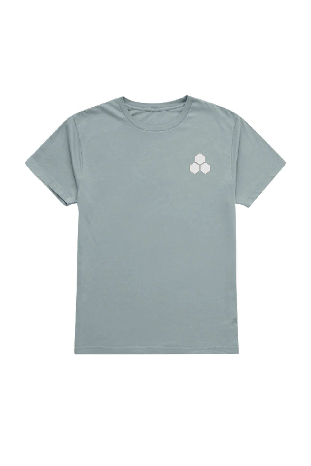 Gray t-shirt with a white logo on a white background