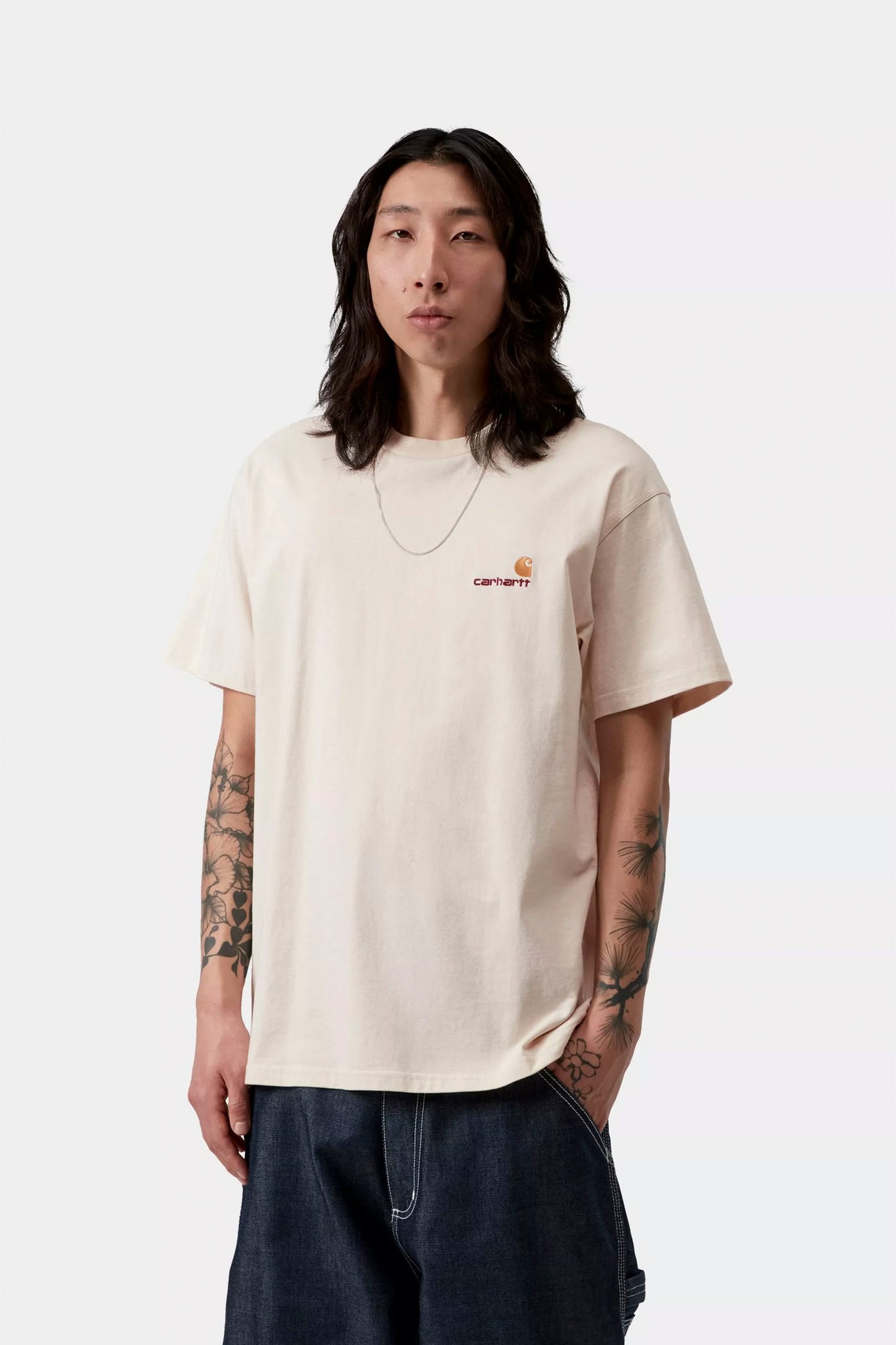 Carhartt WIP American Script T-Shirt Natural men's loose fit jersey tee front view with embroidered logo
