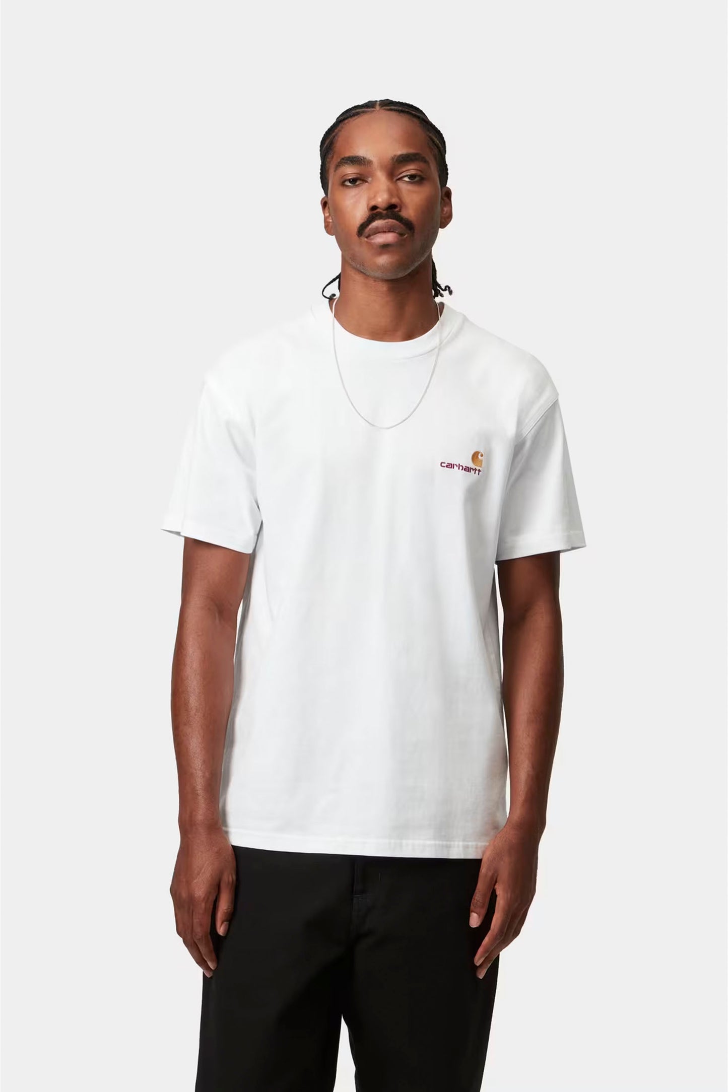 Carhartt WIP American Script T-Shirt White men's loose fit jersey tee front view with embroidered logo