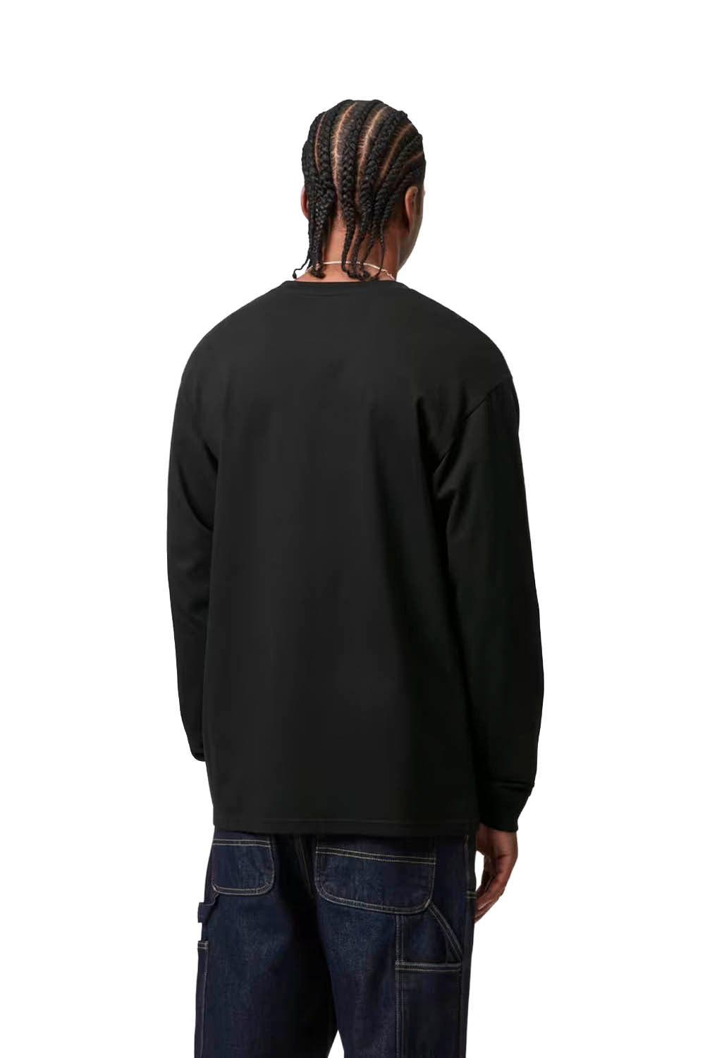 Person wearing a black long-sleeve shirt and blue jeans on a white background