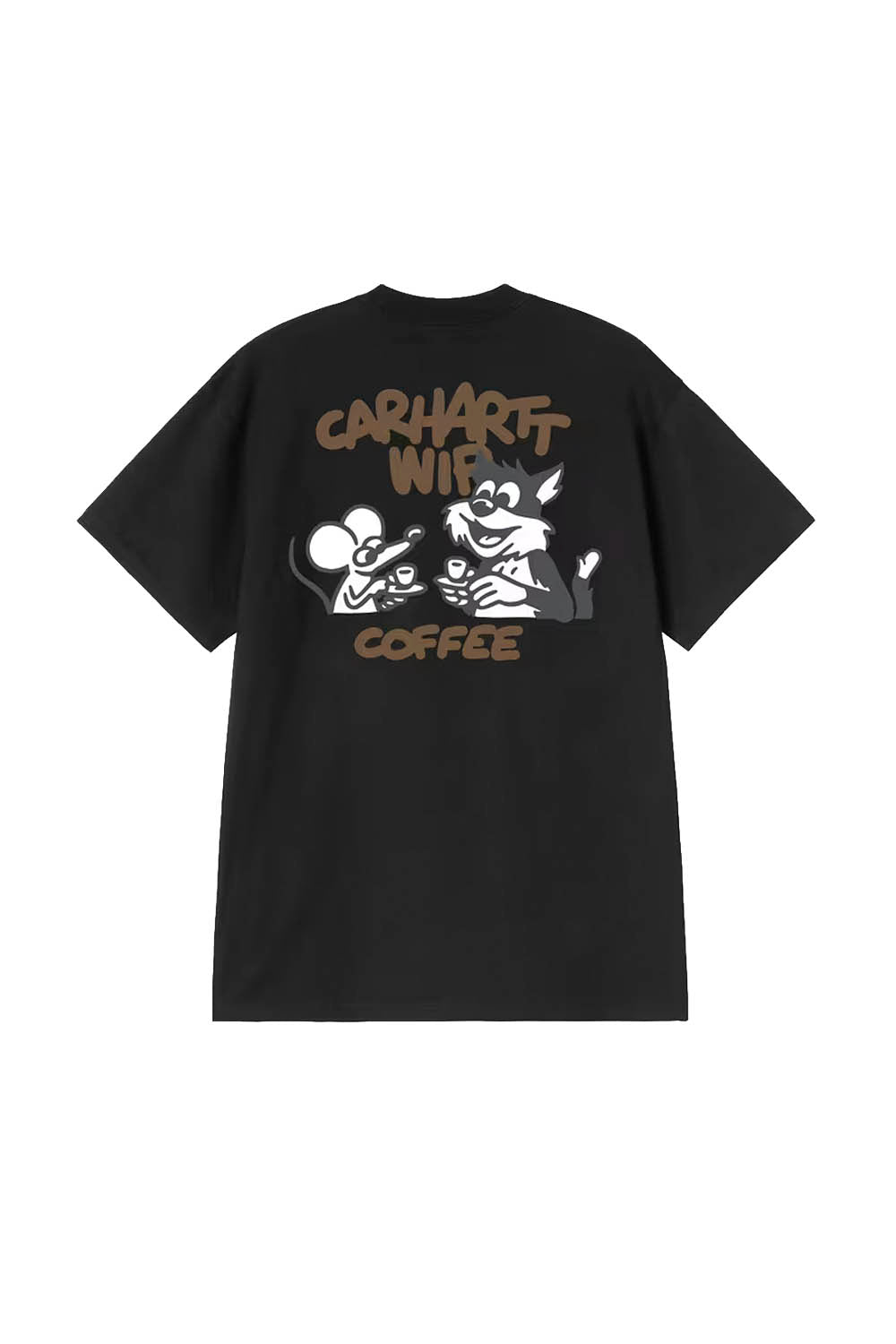 Black t-shirt with cartoon graphic and text on a white background