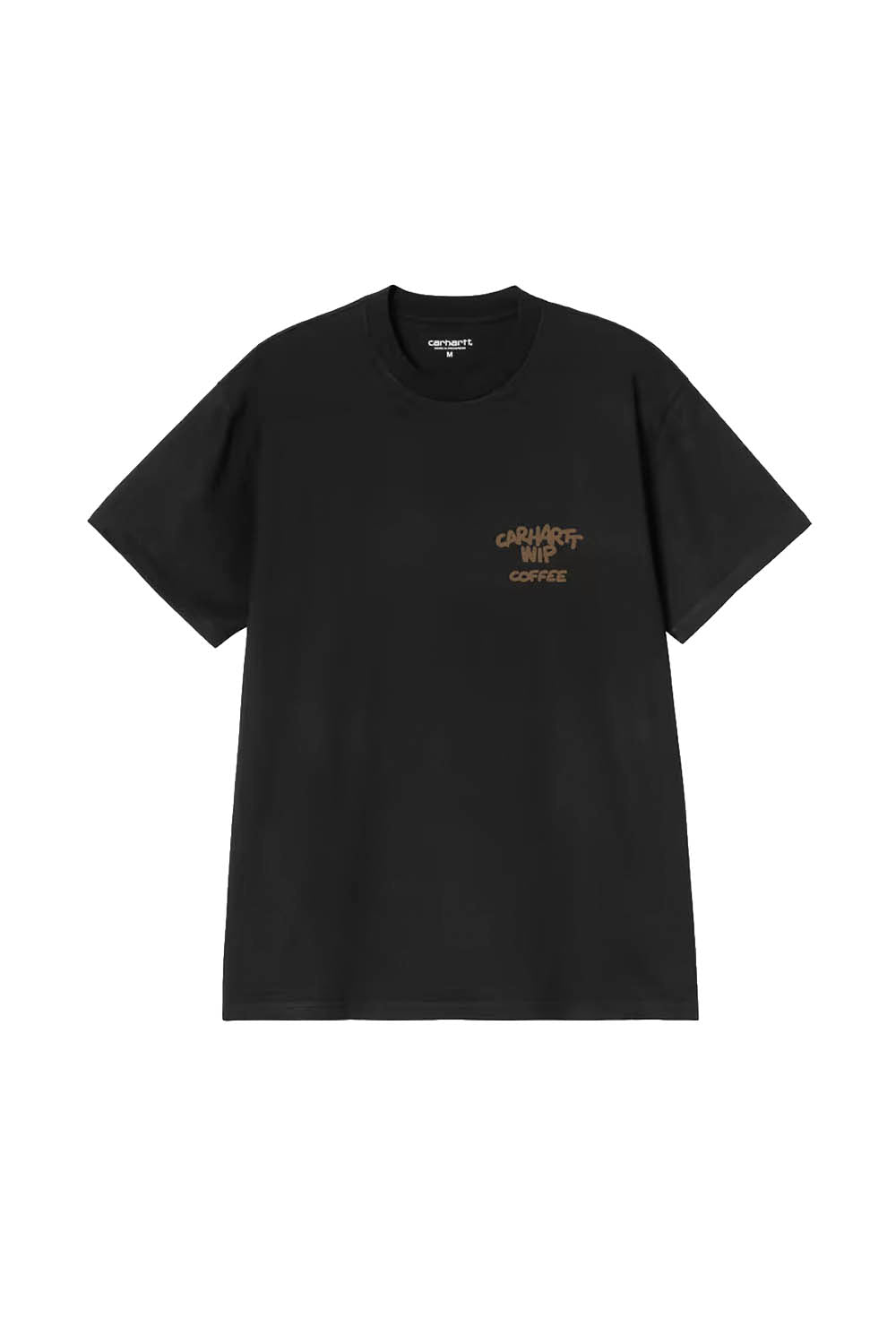 Black t-shirt with a logo on a white background