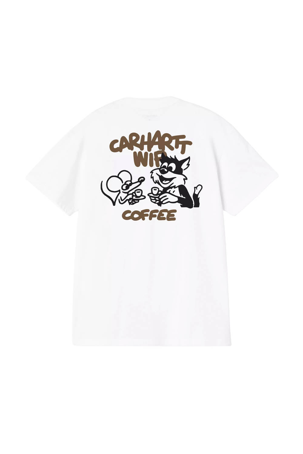 White t-shirt with cartoon character and text on a white background