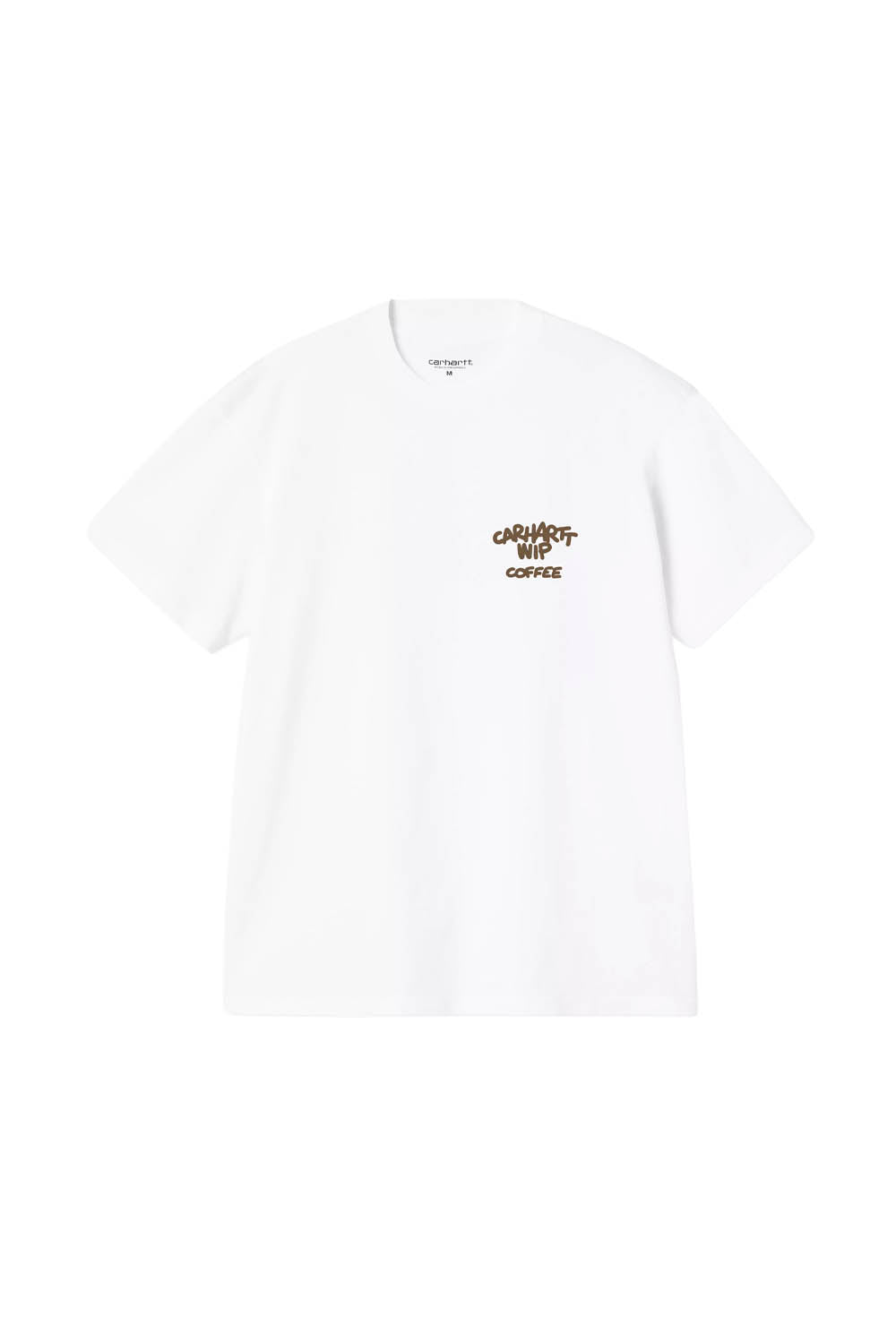 White t-shirt with a small logo on the chest against a white background