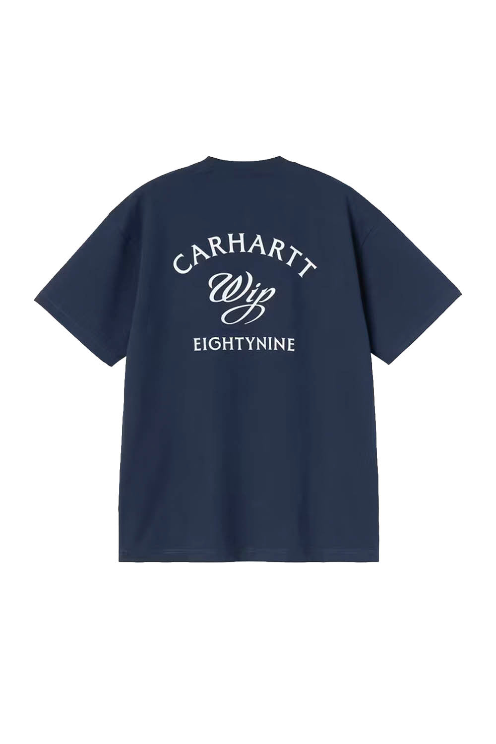 Navy blue t-shirt with white text on the back on a white background