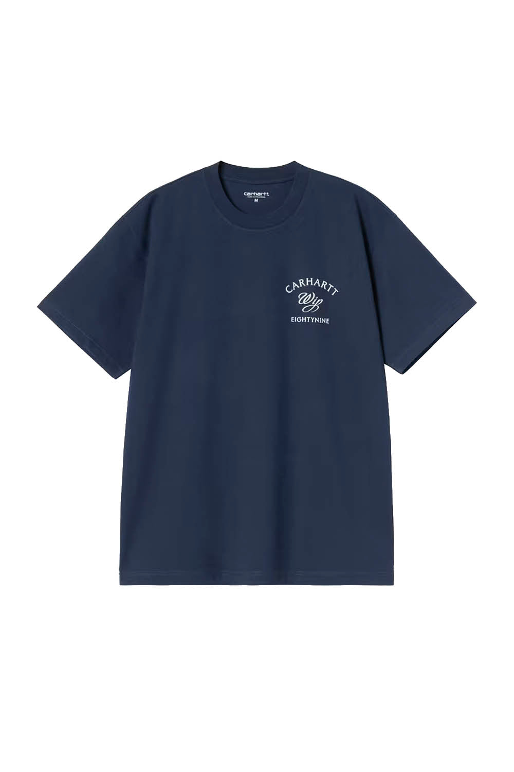 Navy blue t-shirt with a logo on a white background