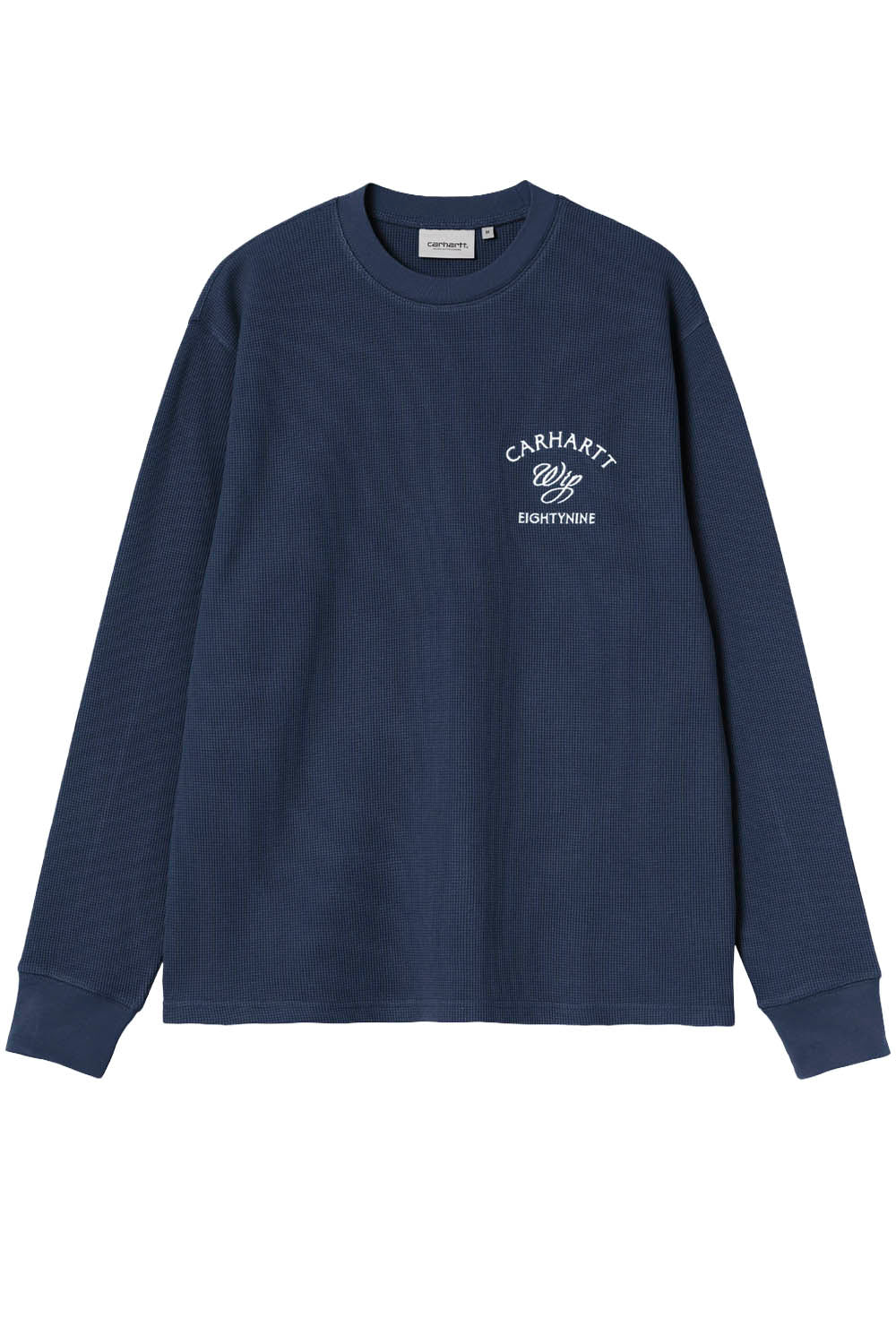 Navy blue long-sleeve shirt with white logo on a white background