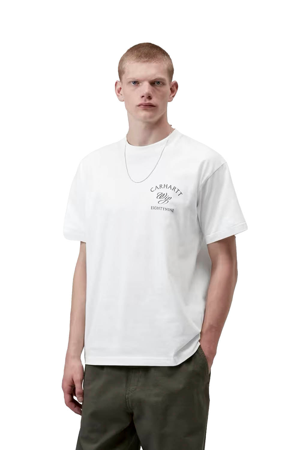 Man wearing a white t-shirt with a logo on a white background