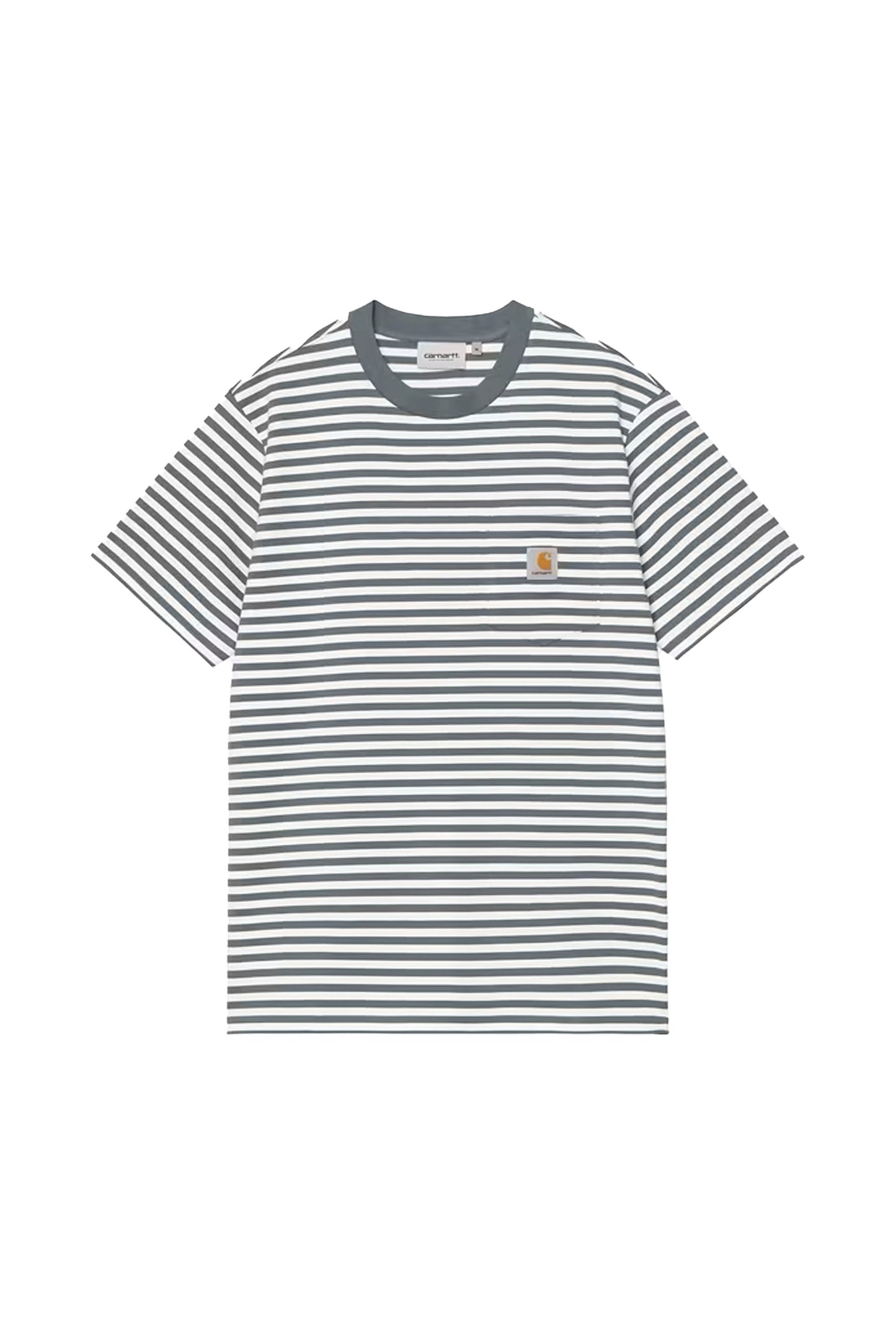 Carhartt WIP Ezra Pocket T-Shirt in Cozy Blue - front view with chest pocket and woven label