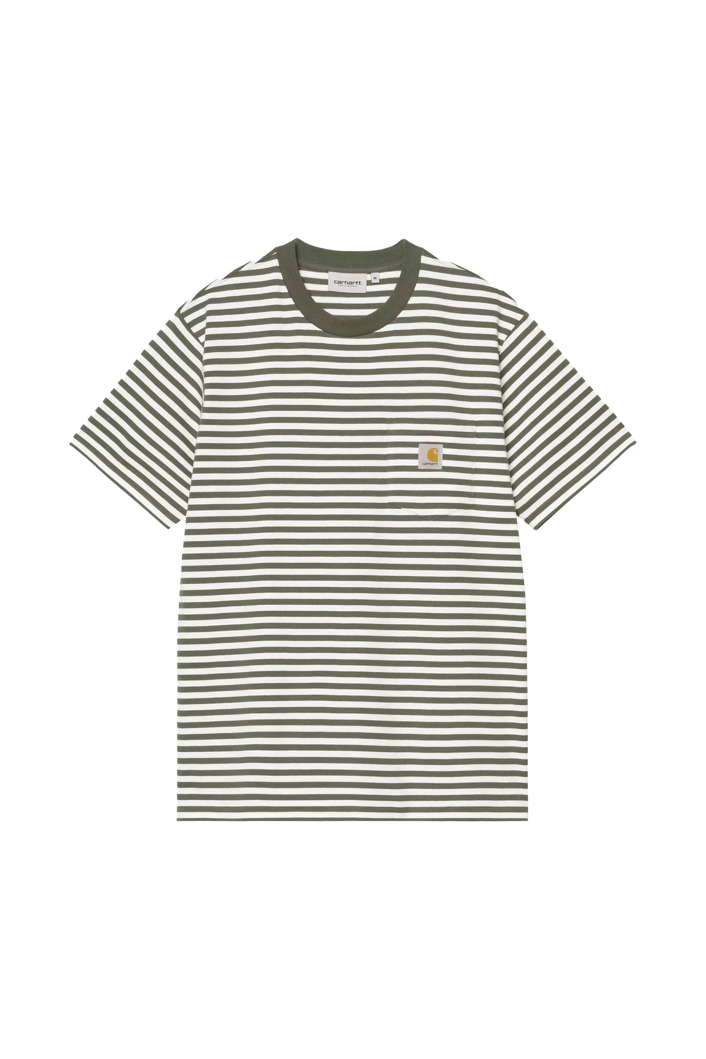 Carhartt WIP Ezra Pocket T-Shirt in leaf stripe - front view with chest pocket and woven label