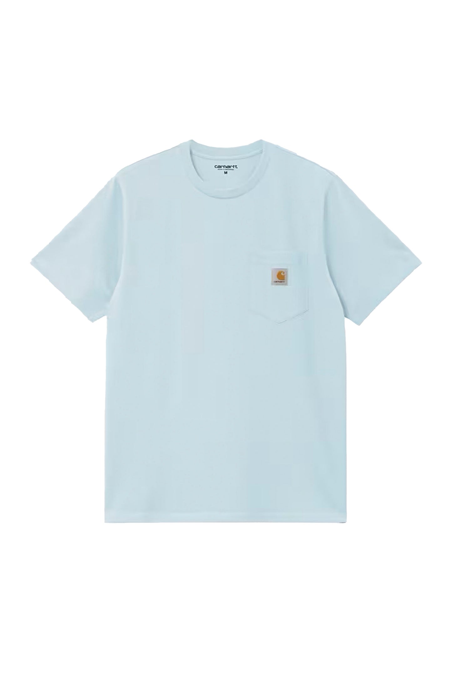 Light blue Carhartt pocket t-shirt with a brand logo on a white background