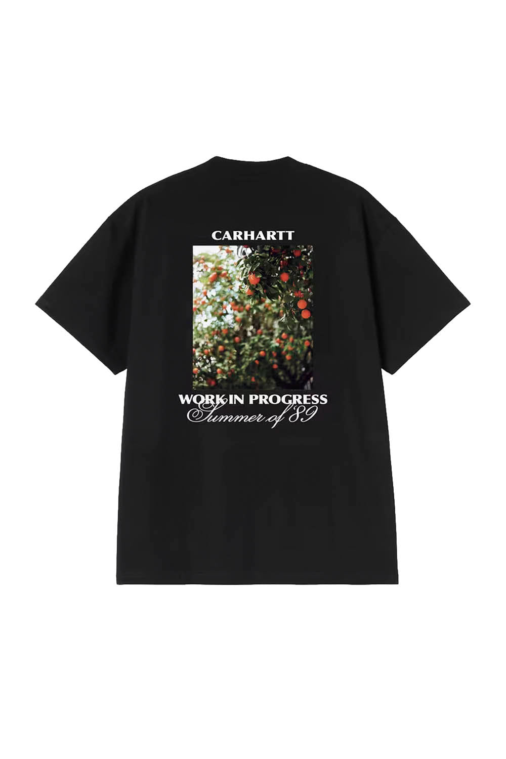Black t-shirt with Carhartt branding and floral design on a white background