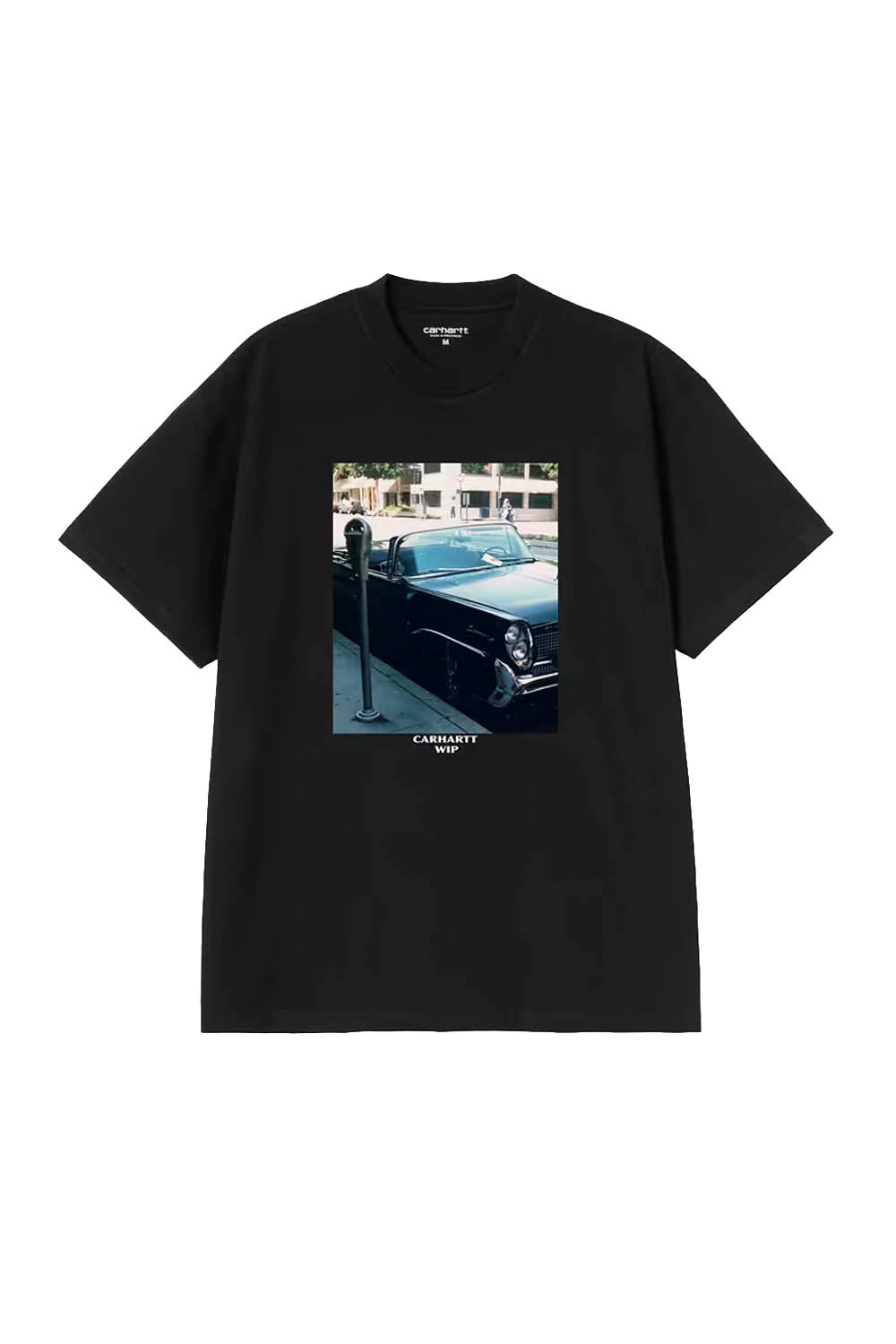 Black t-shirt with a graphic print of a car and text on a white background