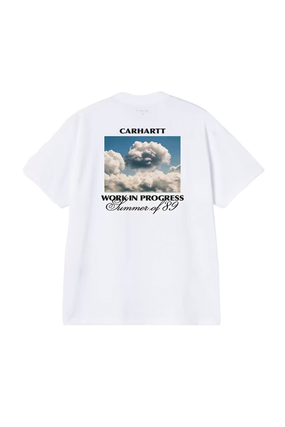 White t-shirt with cloud graphic and text on a white background