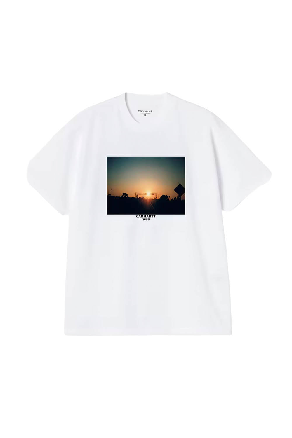 White t-shirt with a printed design of a sunset on a white background