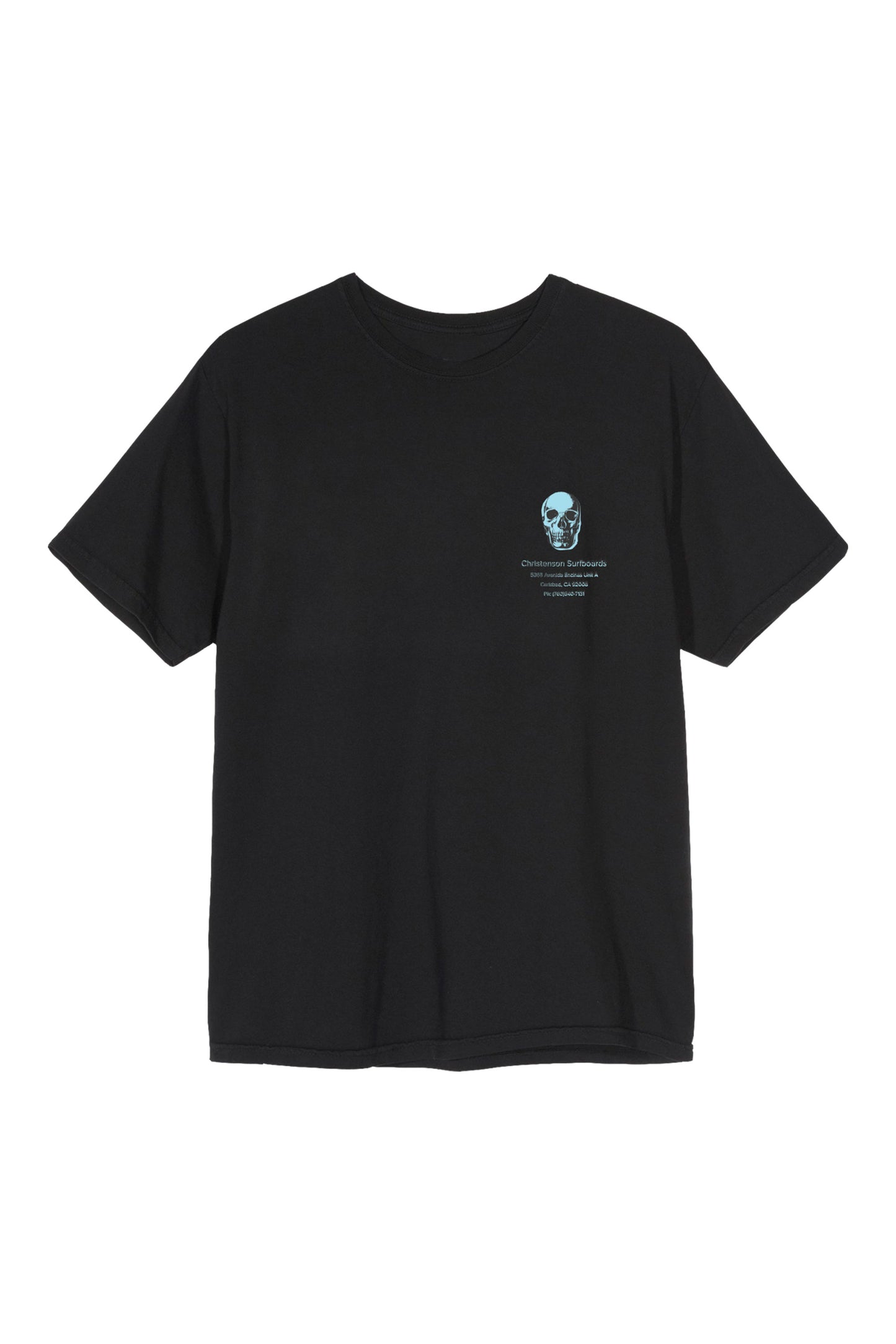 Pukas Surf Shop Christenson Surfboards black T-shirt with electric blue skull print and Carlsbad address design