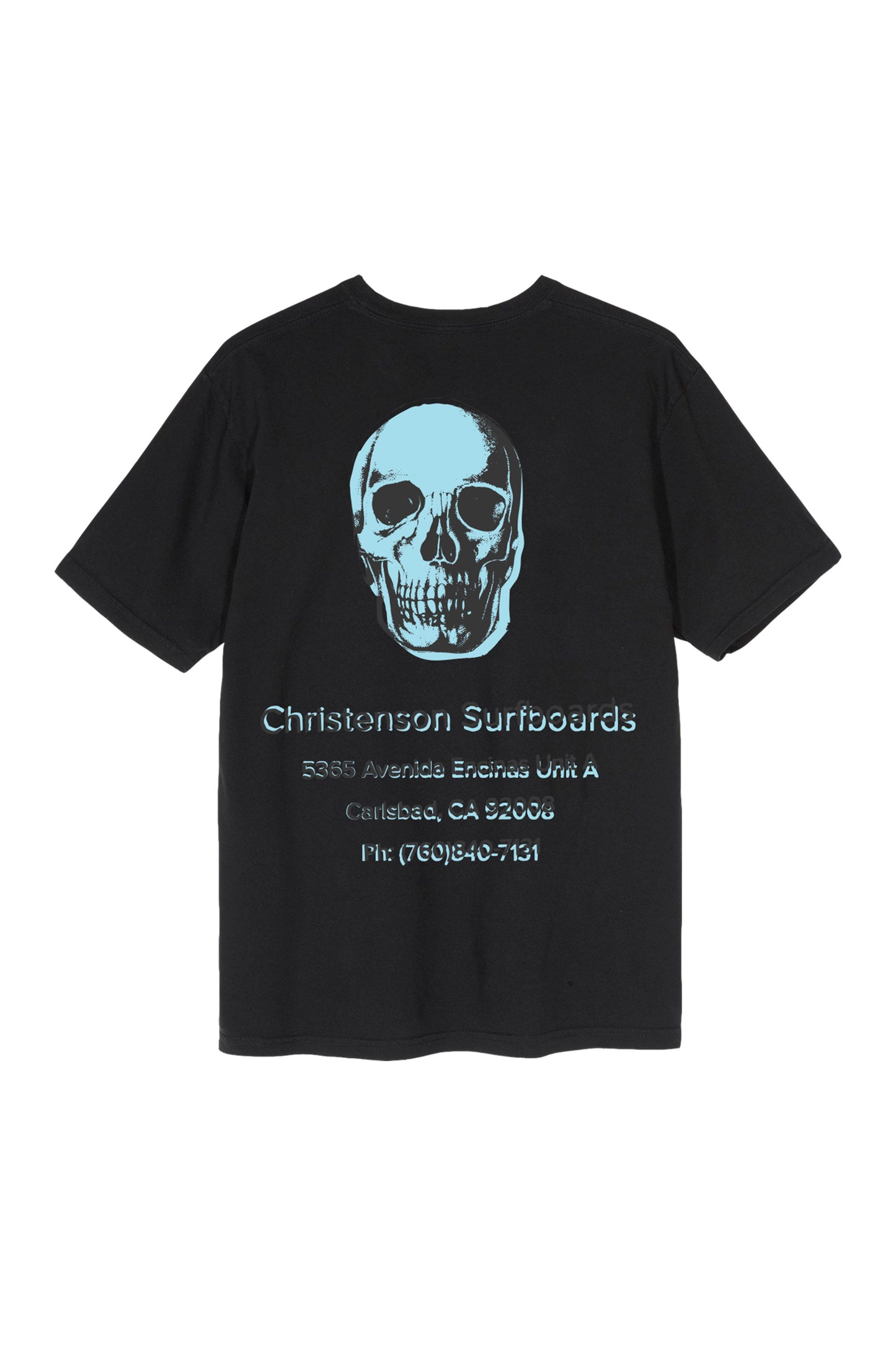Pukas Surf Shop Christenson Surfboards black T-shirt with electric blue skull print and Carlsbad address design