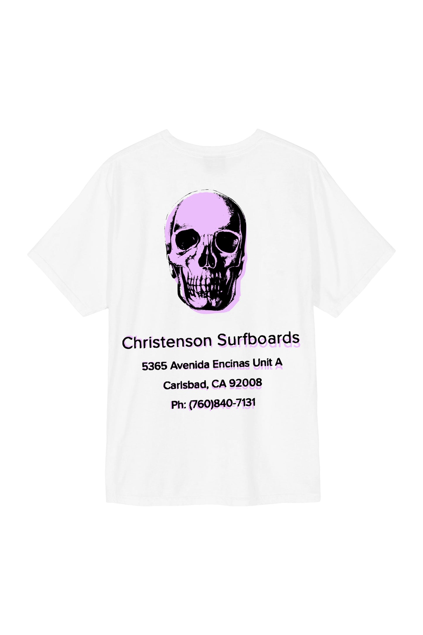 Pukas Surf Shop Christenson Surfboards white T-shirt with lilac skull graphic and Carlsbad address print