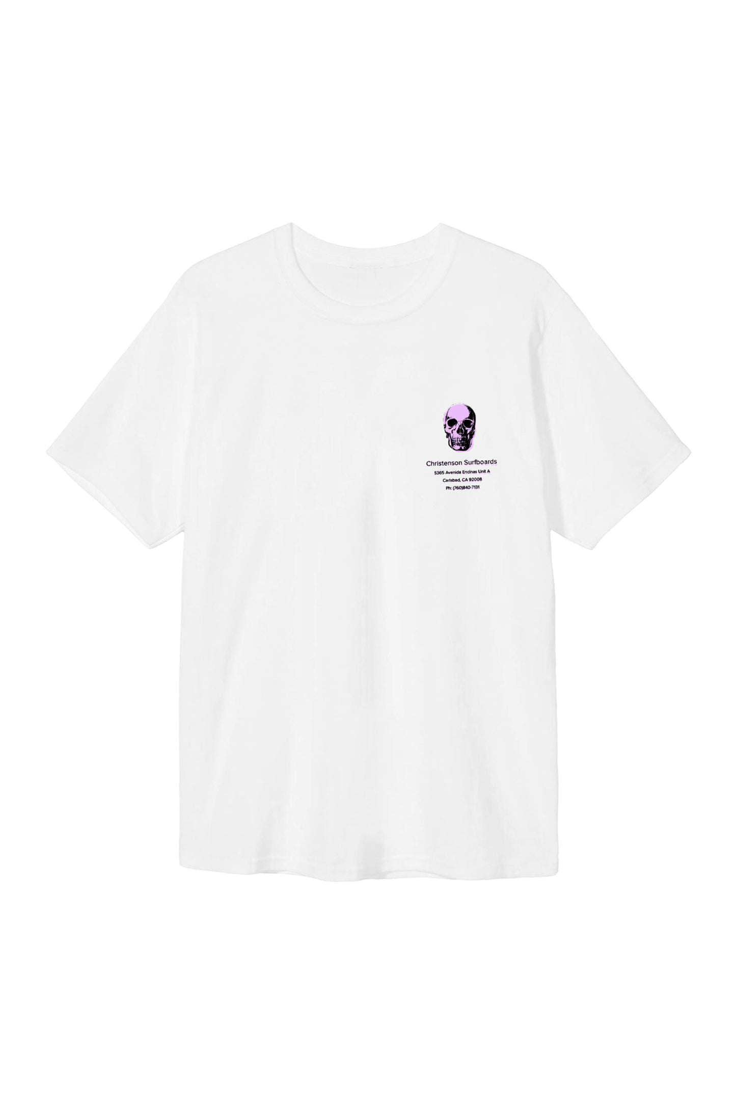 Pukas Surf Shop Christenson Surfboards white T-shirt with lilac skull graphic and Carlsbad address print