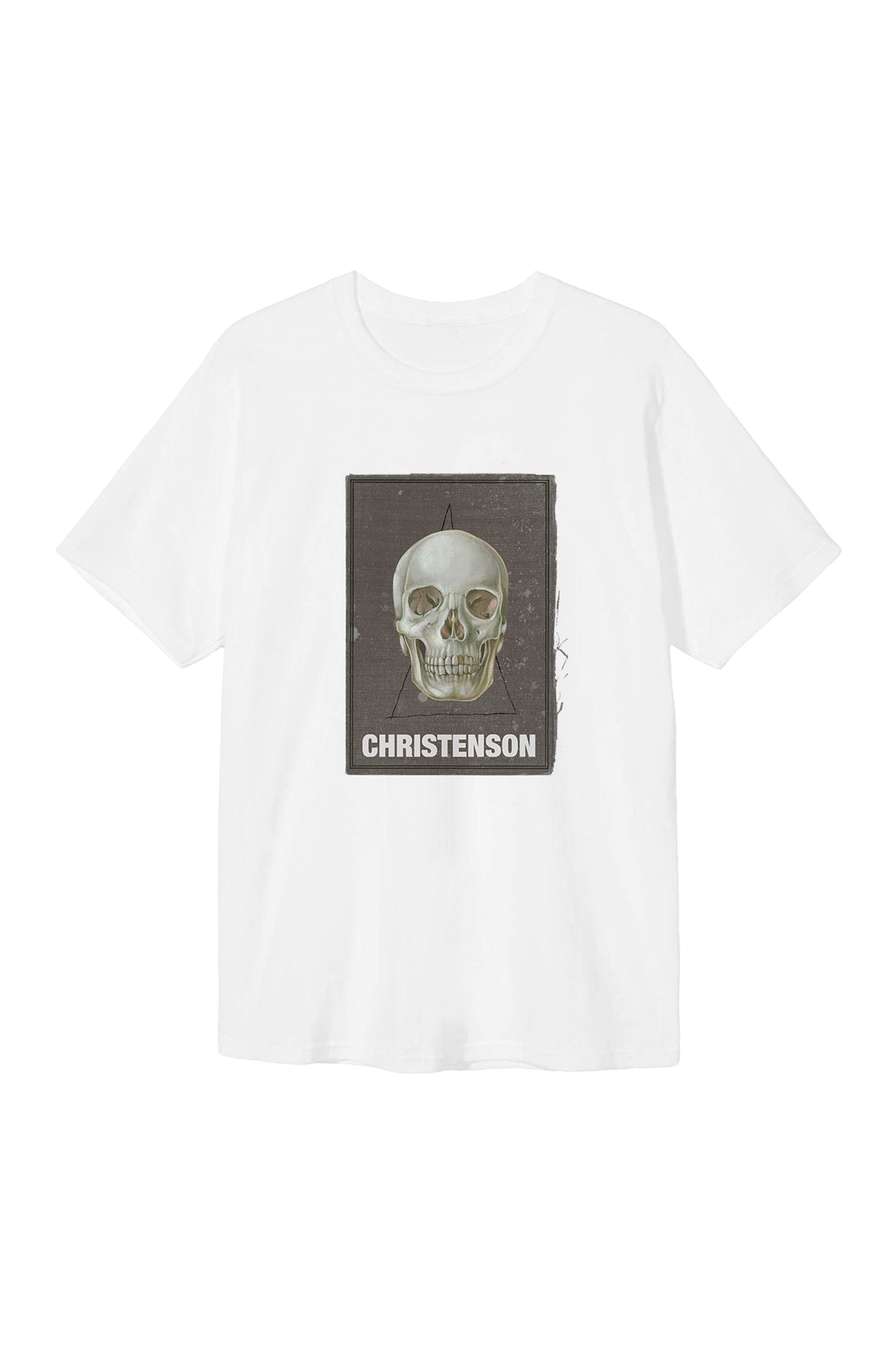 Pukas Surf Shop White t-shirt with a skull graphic and 'Christenson' text