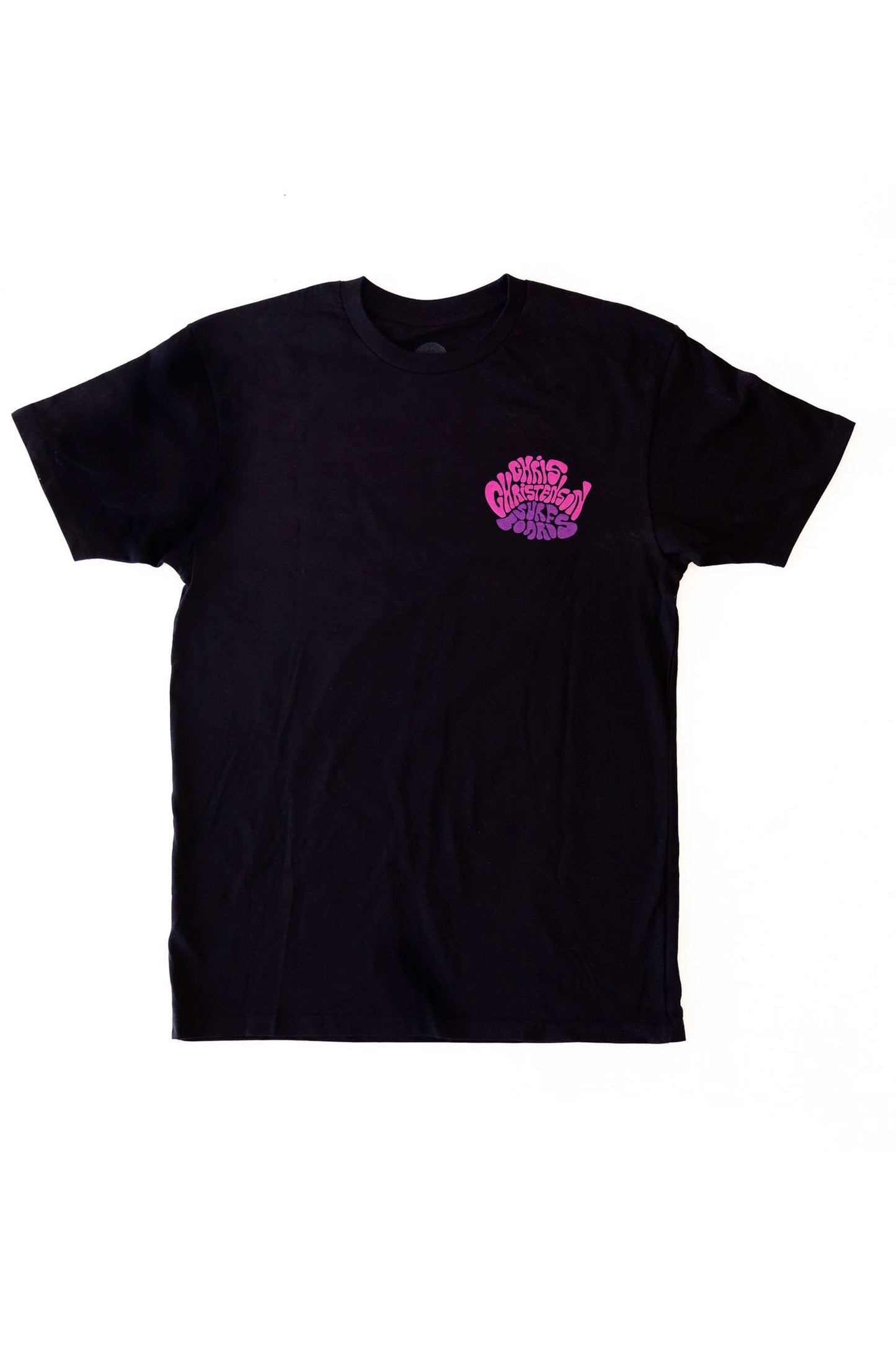 Christenson Black t-shirt with pink and purple logo on the chest Pukas Surf Shop