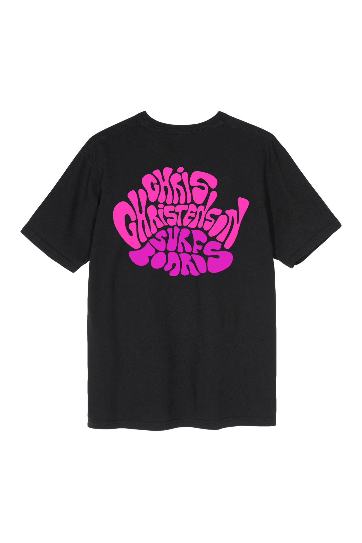 Pukas Surf Shop Christenson Black t-shirt with pink text