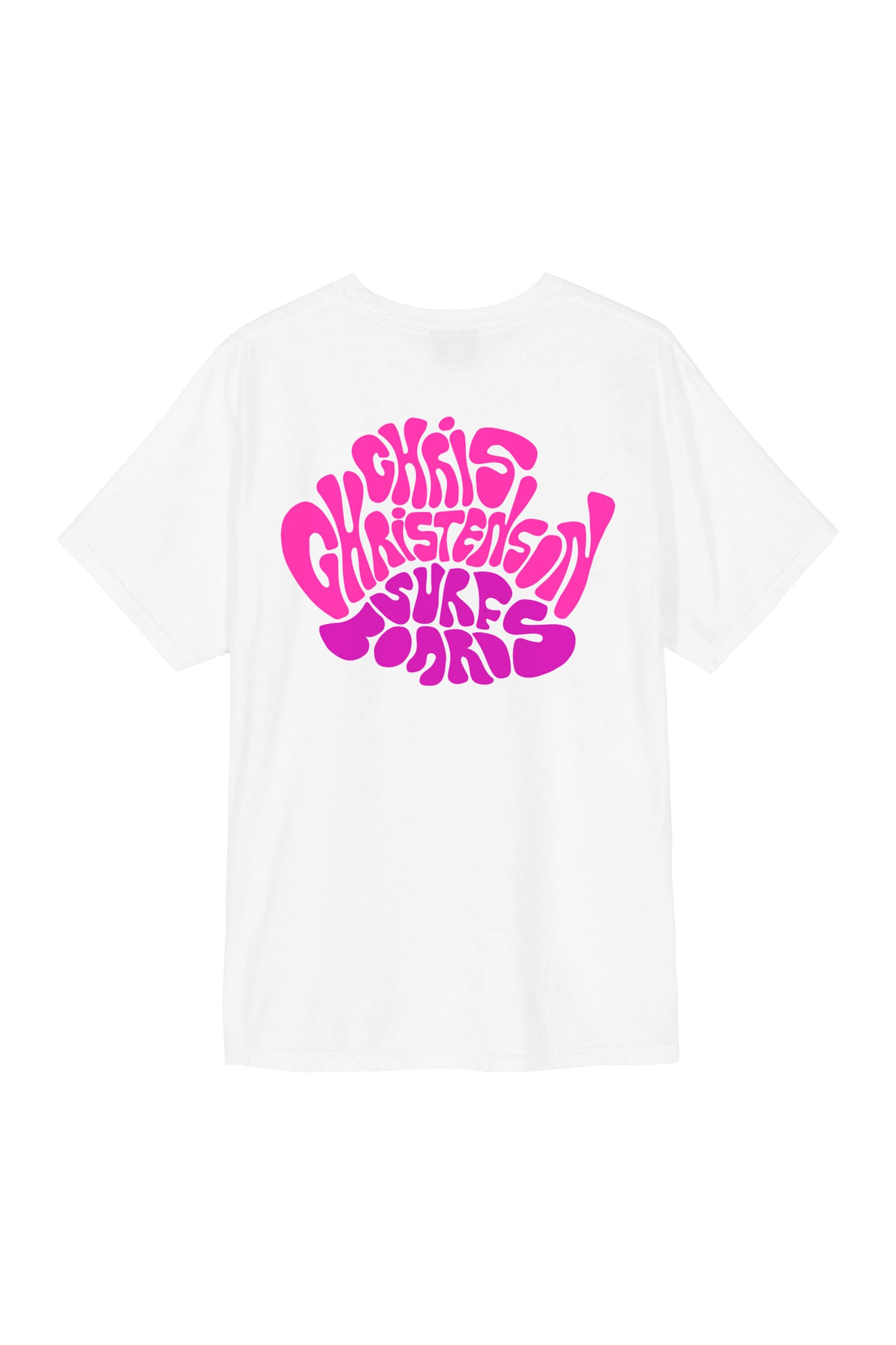 Pukas Surf Shop Christenson x Andy Davis white T-shirt with pink purple retro graphic and surf-inspired streetwear design