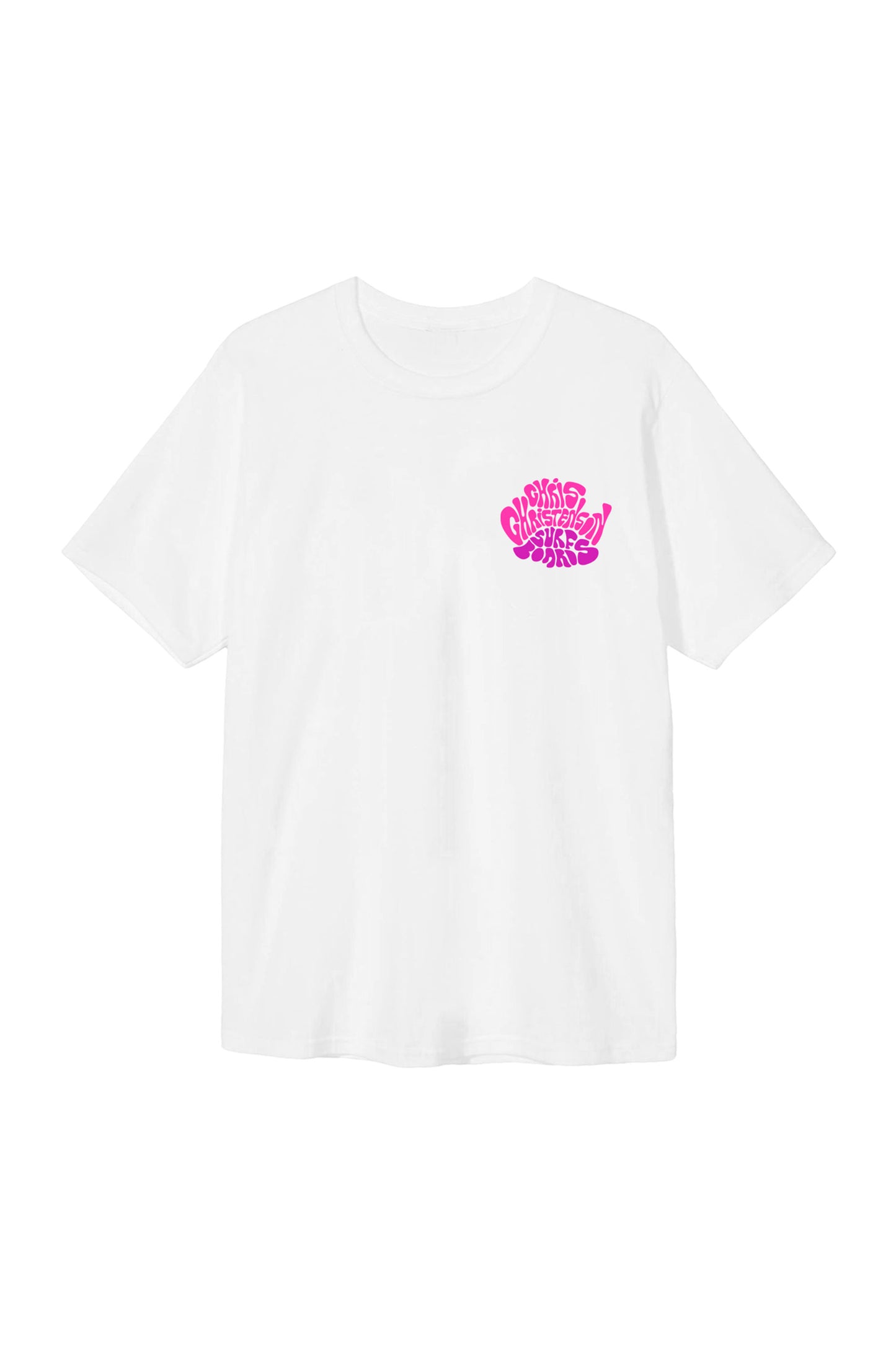Pukas Surf Shop Christenson x Andy Davis white T-shirt with pink purple retro graphic and surf-inspired streetwear design