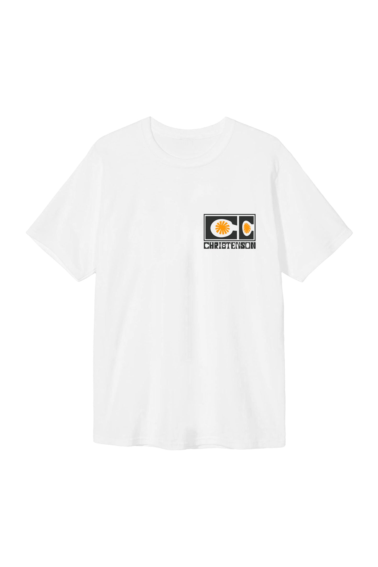 Pukas Surf Shop Christenson Surfboards Shapes white T-shirt with orange graphic print and surf heritage design