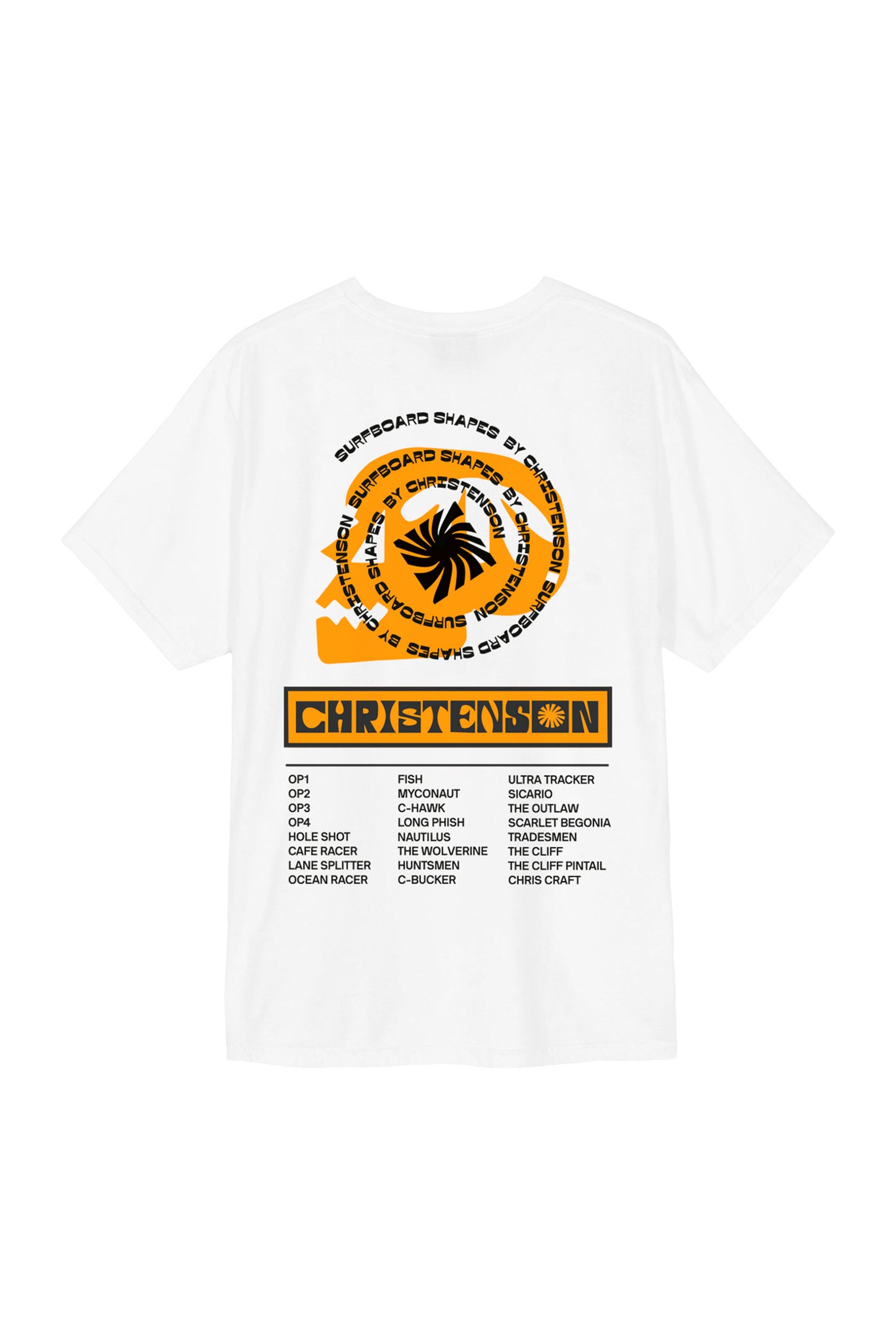 Pukas Surf Shop Christenson Surfboards Shapes white T-shirt with orange graphic print and surf heritage design