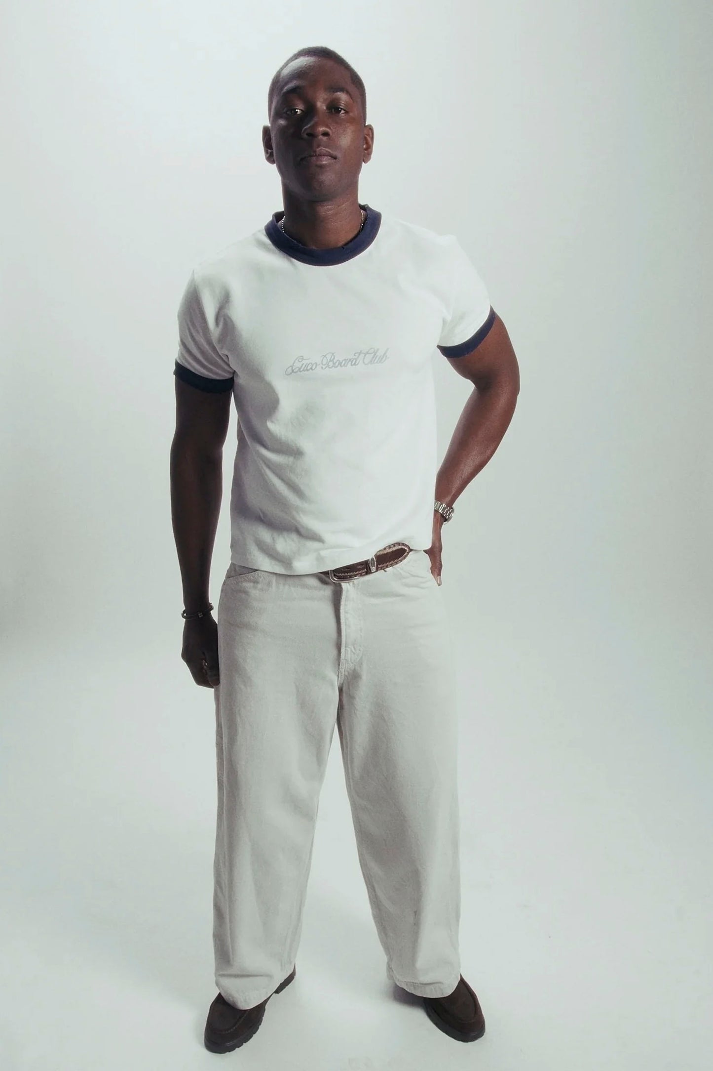 CUCO BOARD CLUB Dust Tee white terry toweling ringer tee navy contrast ribbing unisex coastal style