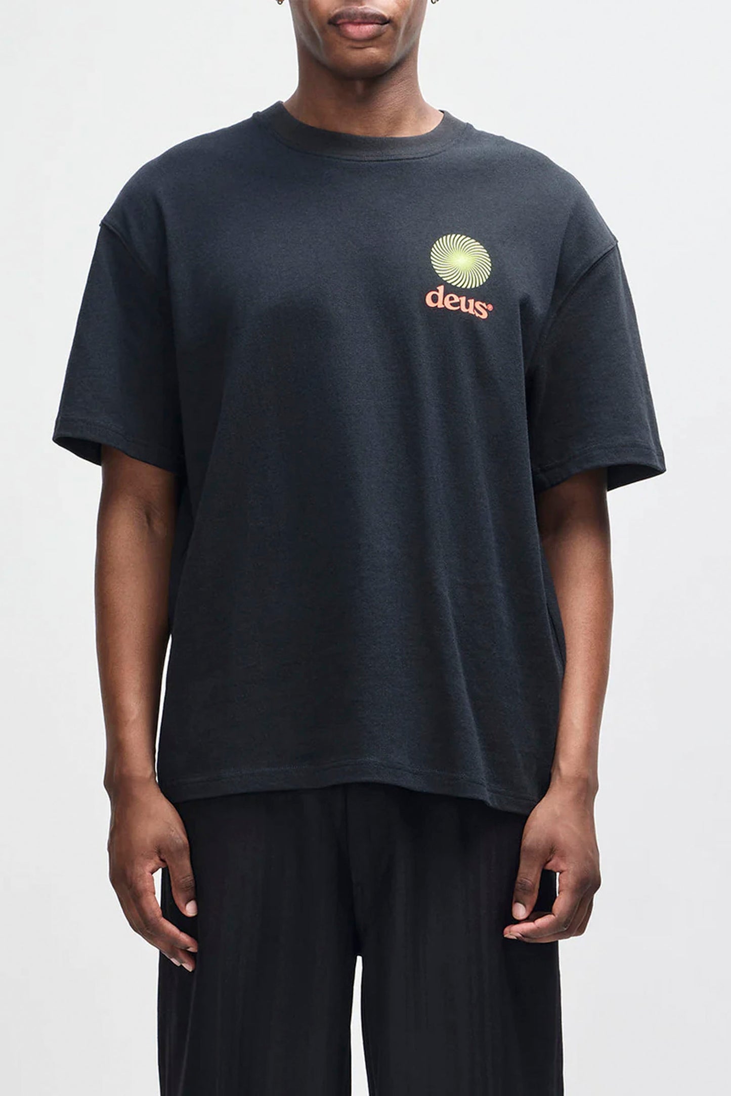 Deus Strata tee in black for men - essential coastal lifestyle apparel at Pukas Surf Shop
