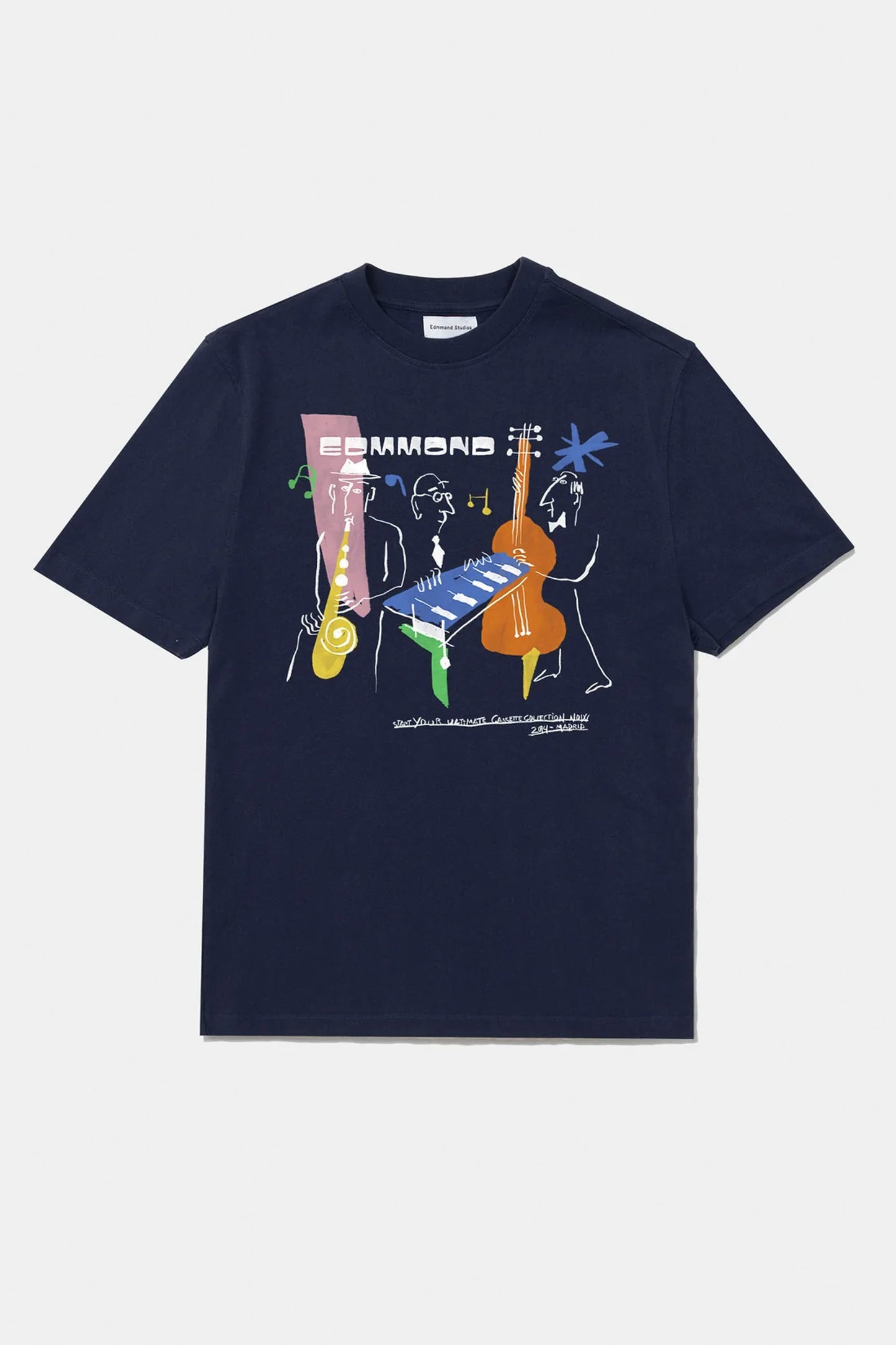 Edmmond Cassette navy tee - front view with retro digital cassette print on chest