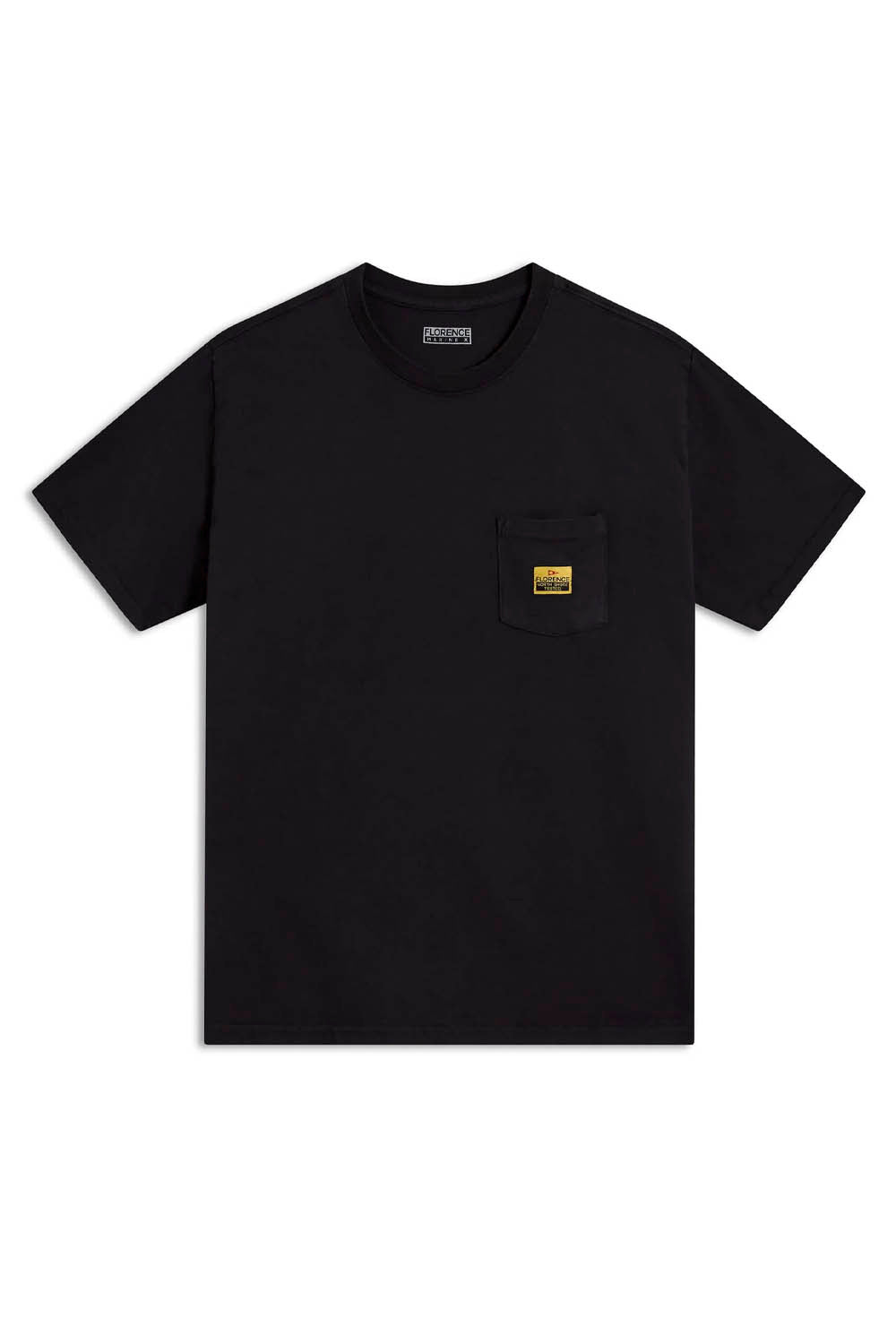 Black t-shirt with a small yellow logo on a white background