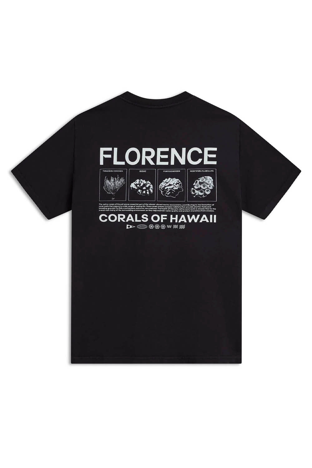 Black t-shirt with 'FLORENCE' and 'CORALS OF HAWAII' text on a white background