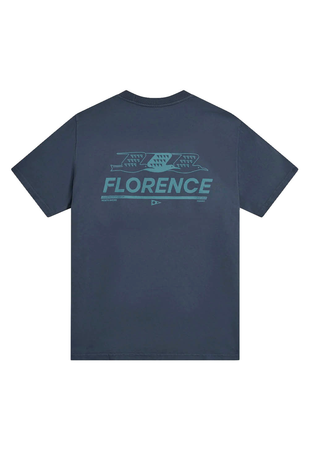 Navy blue t-shirt with 'FLORENCE' printed on the back against a white background
