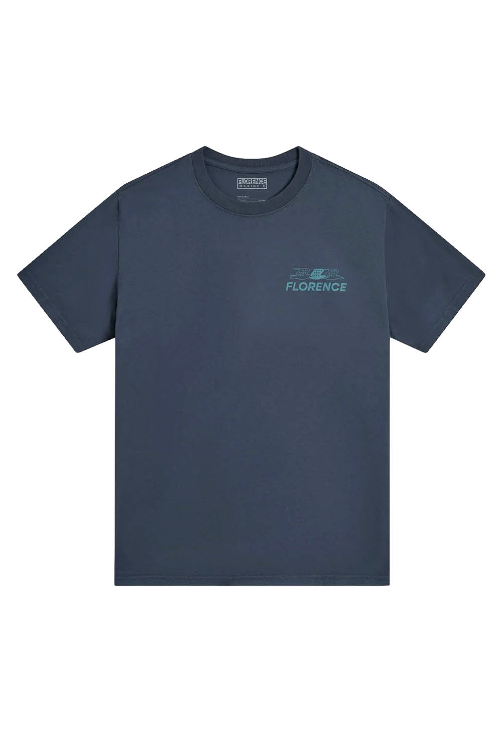 Navy t-shirt with 'Florence' logo on a white background