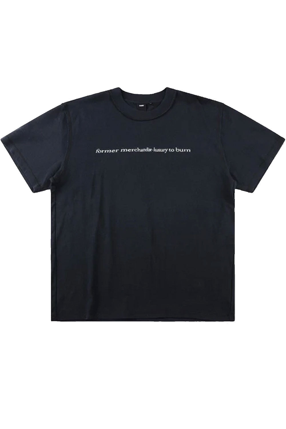 Black t-shirt with white text on a white background