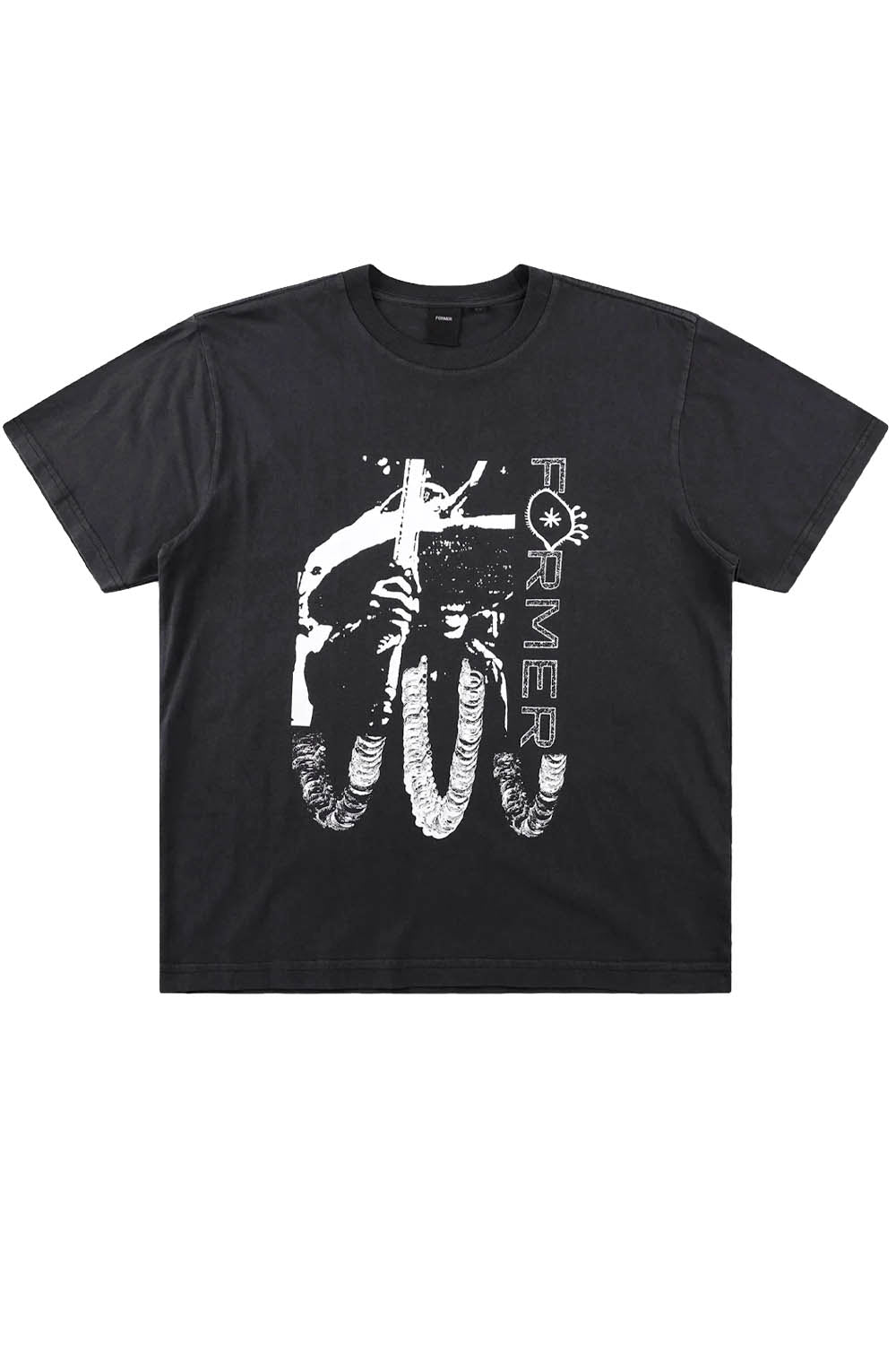Black t-shirt with white graphic design on a white background