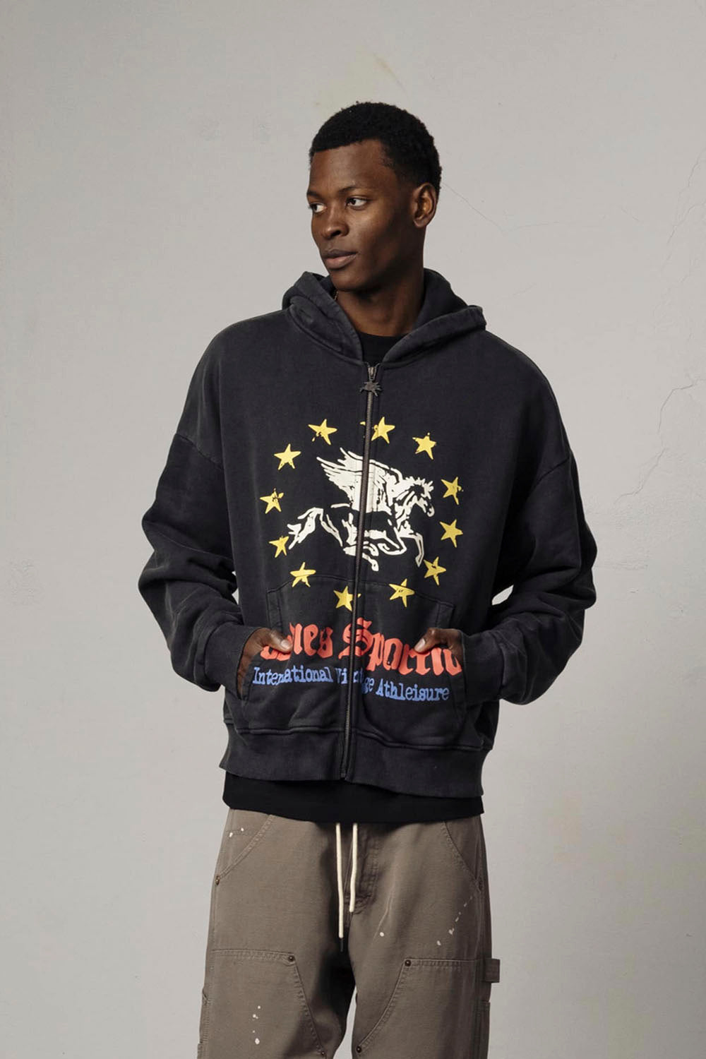 Goodies Sportive Pegasus Union Hoodie in Washed Black - Men's Oversized Zip-Up Graphic Hoodie at Pukas Surf Shop
