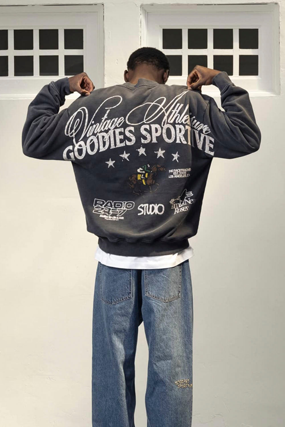 Goodies Sportive Radio 24/7 Crewneck in Grey Fadeout - Men's Oversized Graphic Sweatshirt at Pukas Surf Shop
