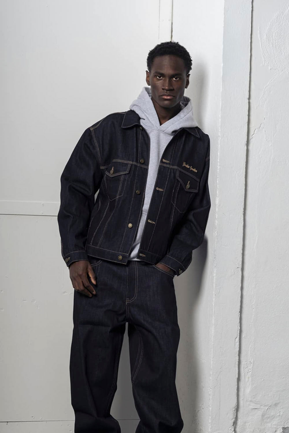 Goodies Sportive Raw Trucker Jacket in Dark Indigo Denim - Men's Relaxed Fit at Pukas Surf Shop
